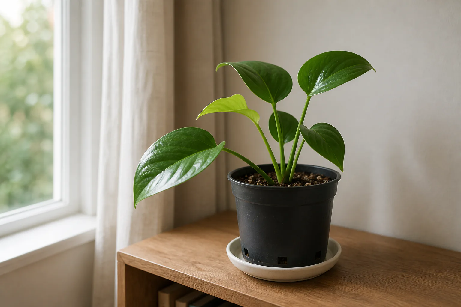 A small new houseplant in its nursery pot placed on a bright, stable shelf next to a window during the first weeks of acclimation.
