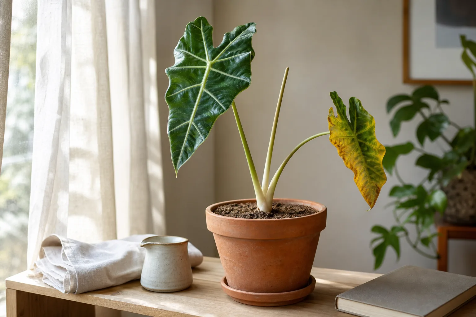 Indoor Alocasia in a bright spot with a few yellowing outer leaves and a firm stem base at the soil line.