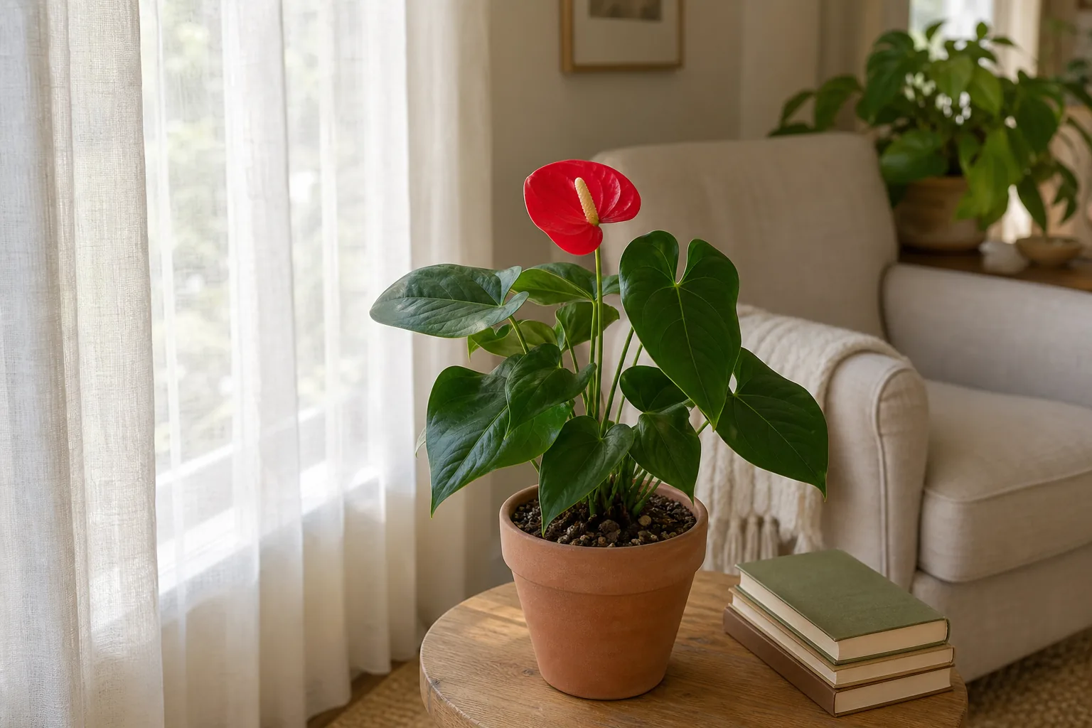 Photo for guide: Anthurium care indoors: light, mix, and the slow rhythm of repeat spathes
