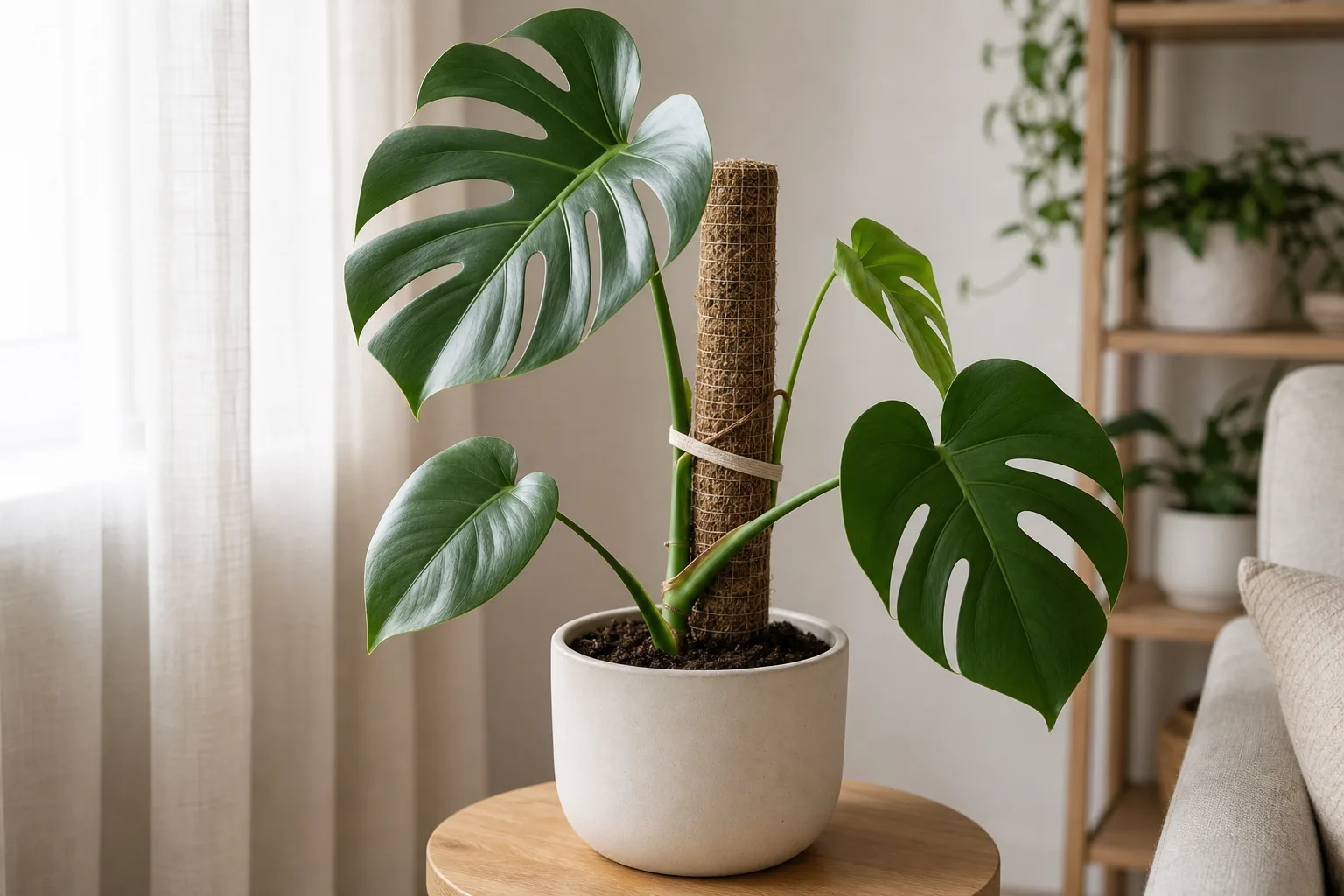 A young Monstera stem tied loosely to a moss pole with a soft fabric tie, the pole set deep in fresh potting mix.