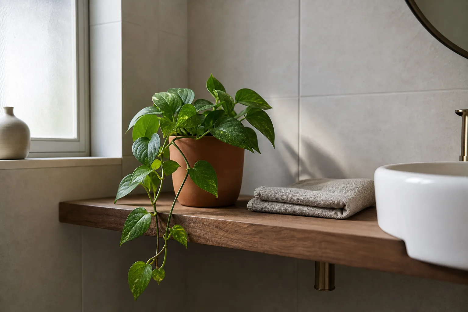A small potted pothos sitting on a wood shelf in a softly lit bathroom, kept out of the splash zone near the sink