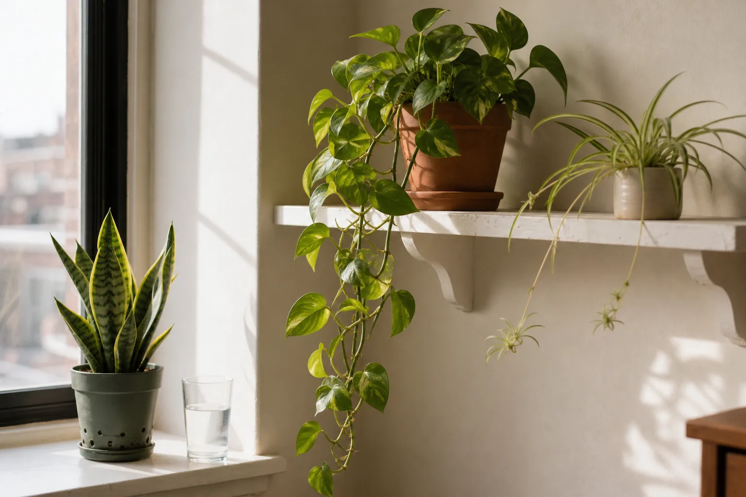 A pothos vine trailing from a shelf beside a bright window, with a snake plant on the sill below — examples of forgiving beginner houseplants in an ordinary room.