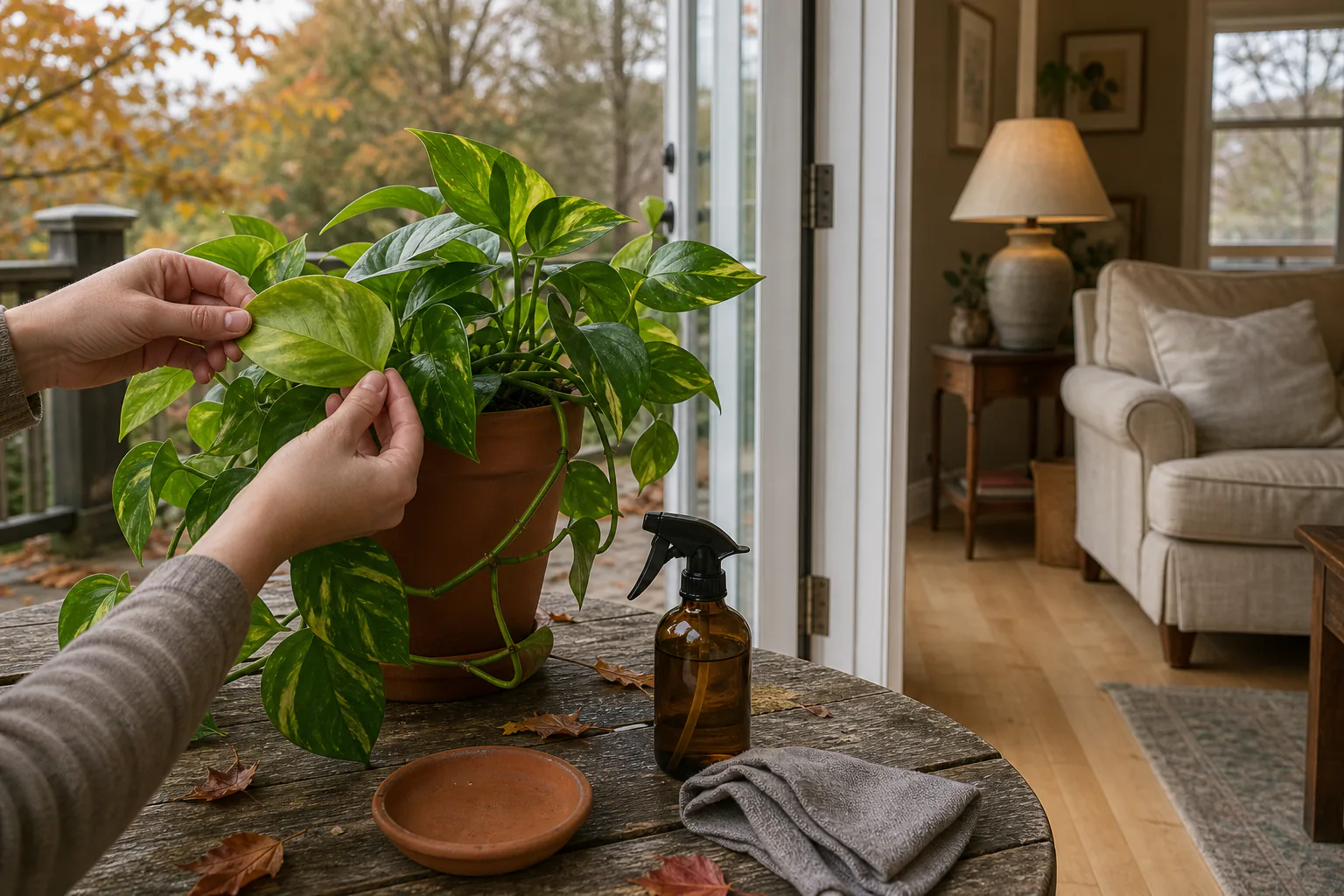 A houseplant on a patio being inspected before being brought indoors for fall