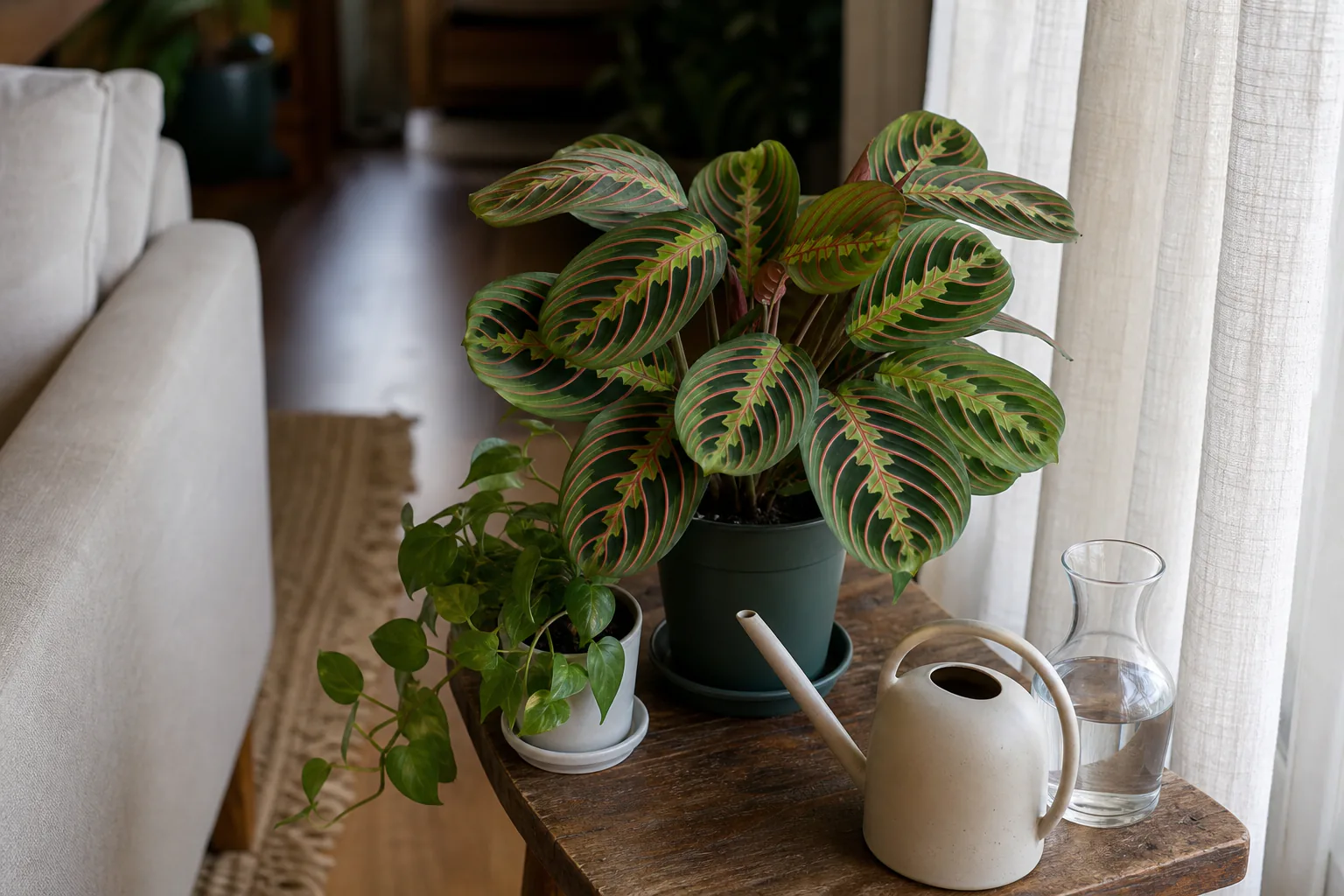 A healthy calathea with patterned leaves sitting in a bright, indirect light spot in a living room.