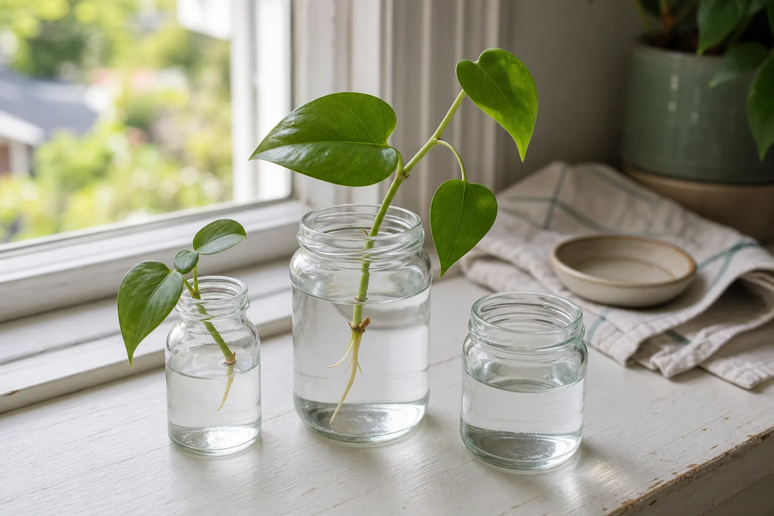 A small glass jar holding a single pothos cutting in clear water on a bright windowsill, with no leaves at the waterline.