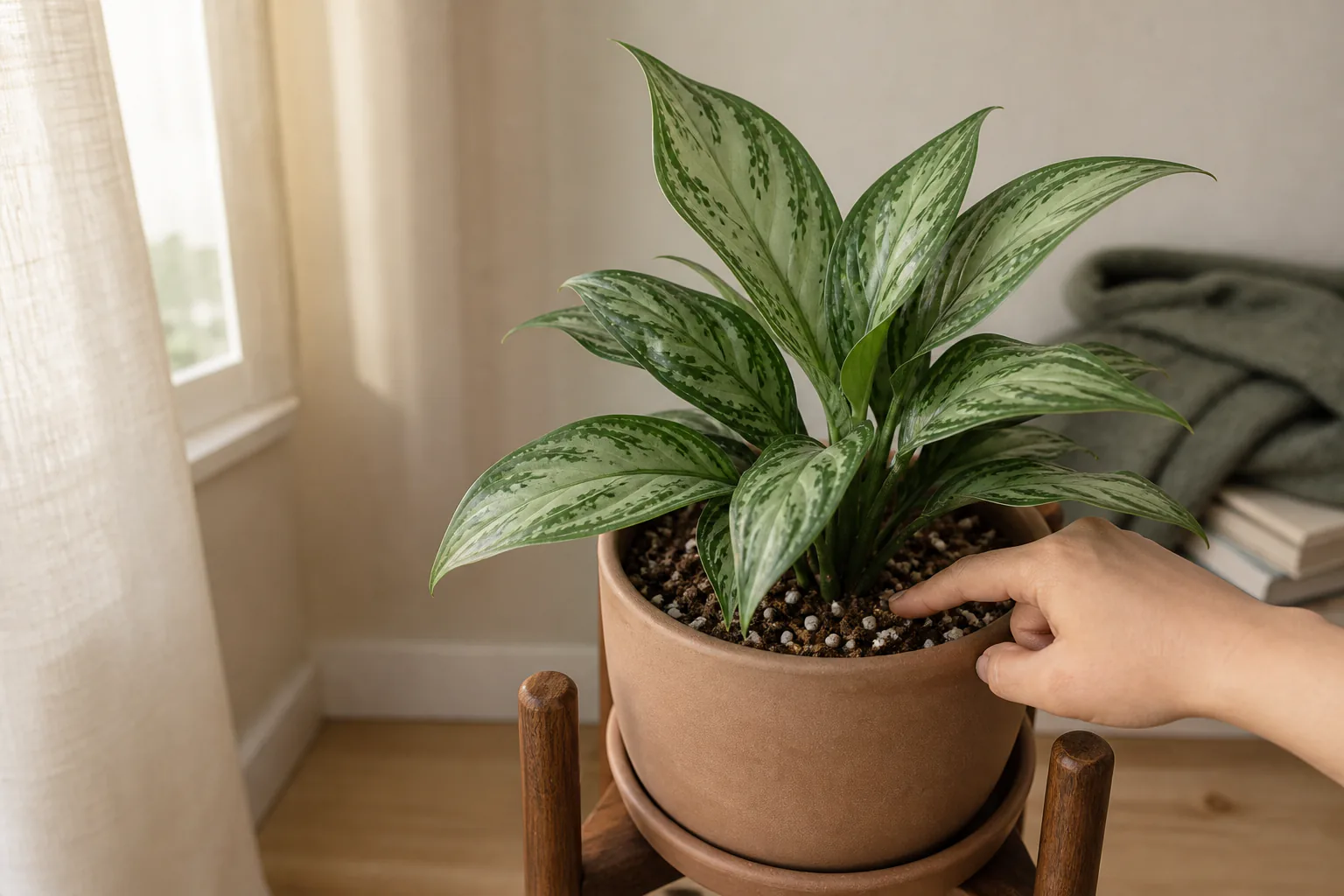 Variegated Chinese evergreen on a low stand in a softly lit interior room several feet from a curtained window.