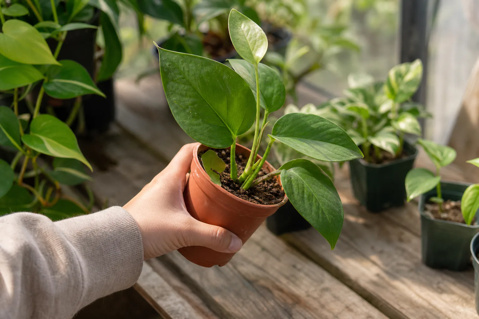 Hand lifting a small potted houseplant at a nursery to check leaves, stems, and the underside of foliage