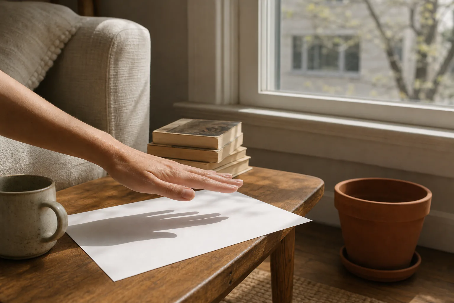A hand held above paper casting a soft shadow at a bright window, used to gauge indoor light.