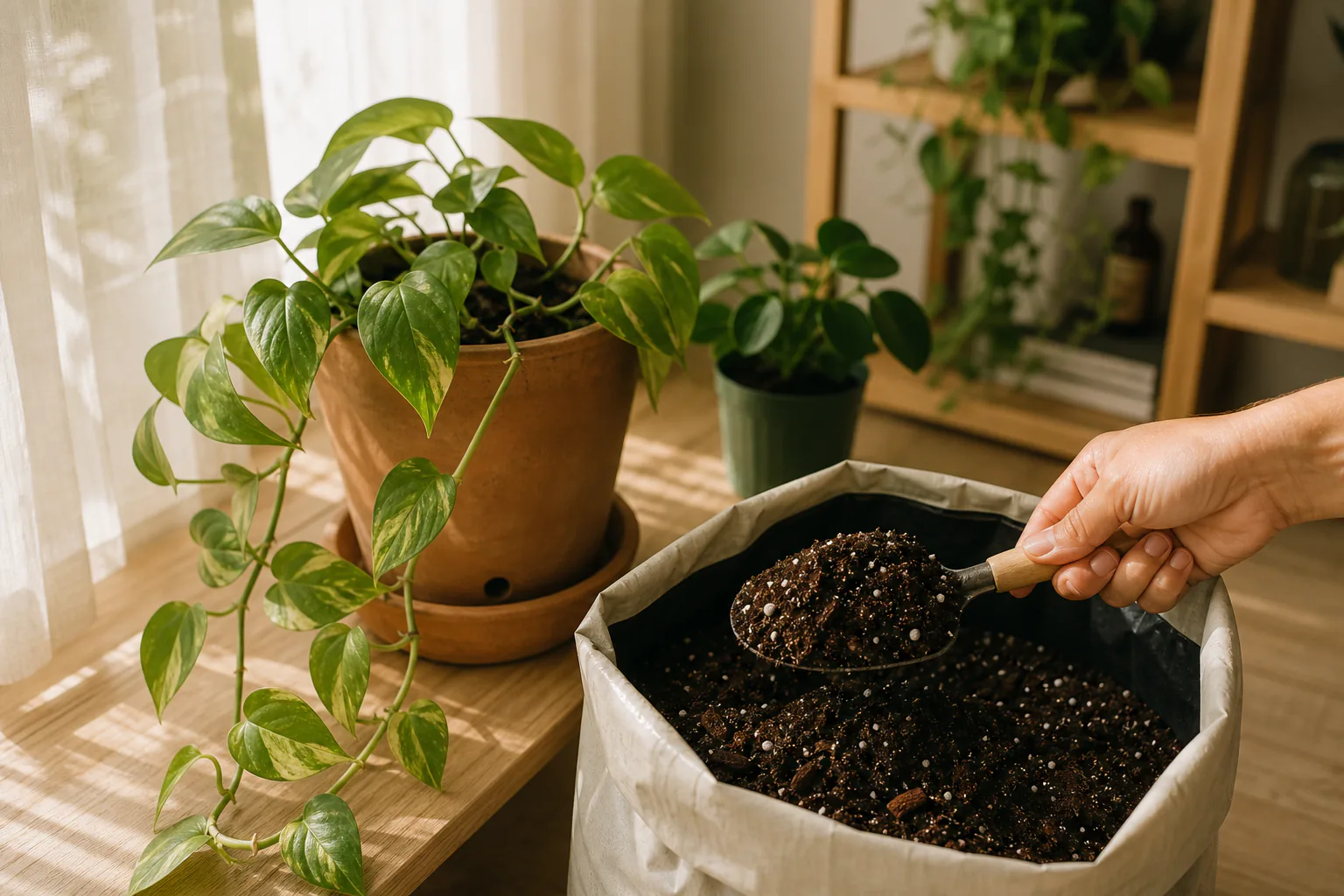 Hand holding a small houseplant next to a bag of potting mix with the ingredient list visible on the back.