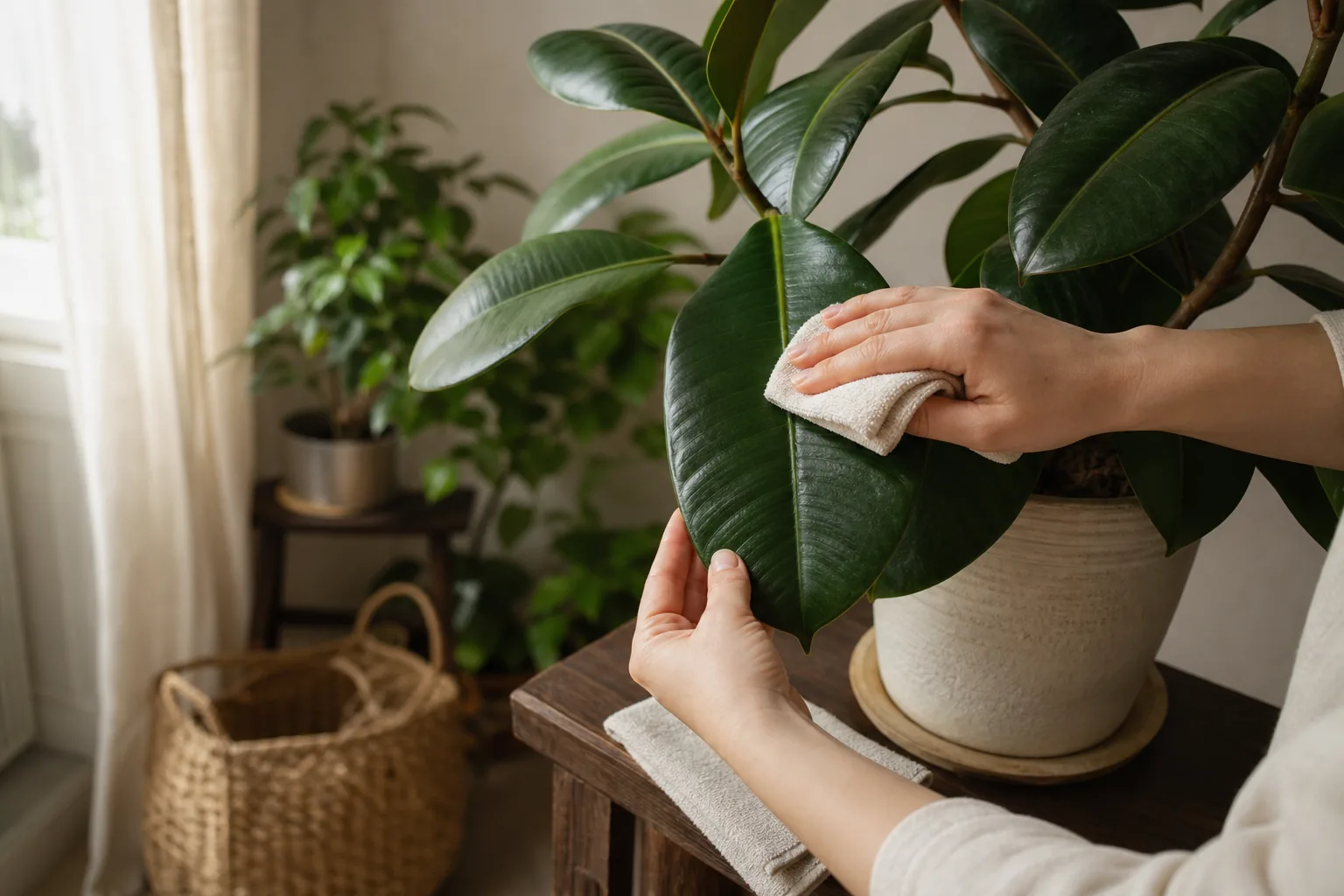A soft microfiber cloth held under a broad, glossy indoor plant leaf being wiped free of household dust.