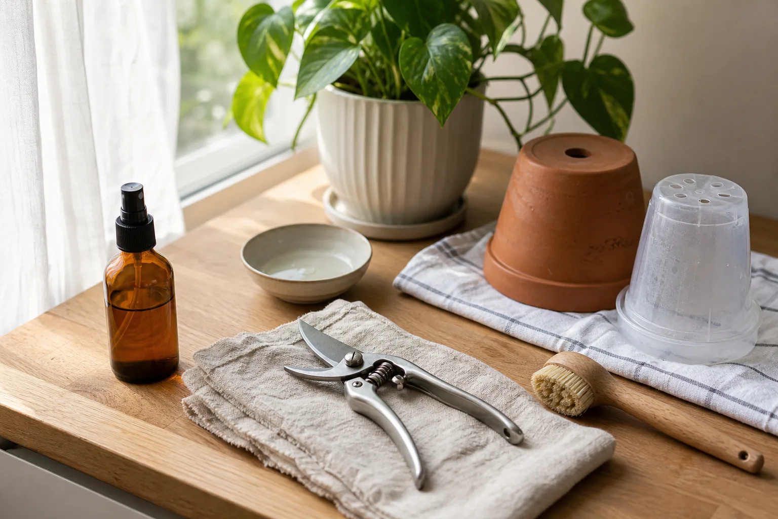 Photo for guide: Cleaning and sanitizing pruning tools and pots between houseplants