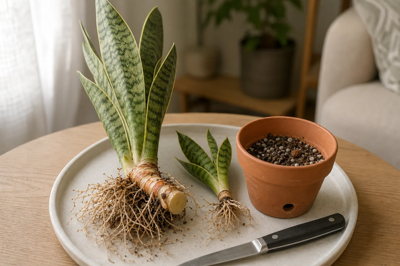 A snake plant pup separated from the mother plant, showing the connecting rhizome and pale feeder roots beside a small pot of fast-draining mix.