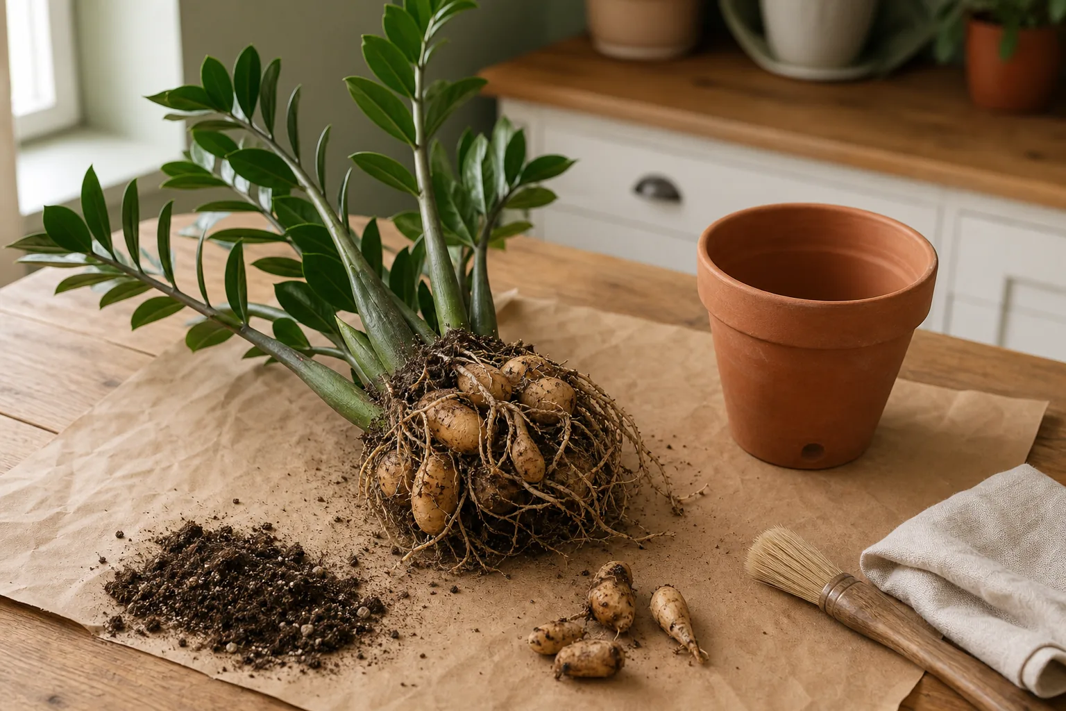 A ZZ plant lifted from its pot, with its root ball brushed clean so the natural seams between potato-like rhizomes are visible.