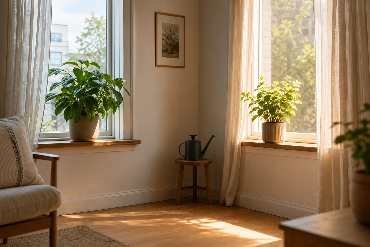 Two houseplants on a windowsill, one on an east-facing window in soft morning light and one on a west-facing window in stronger afternoon sun.