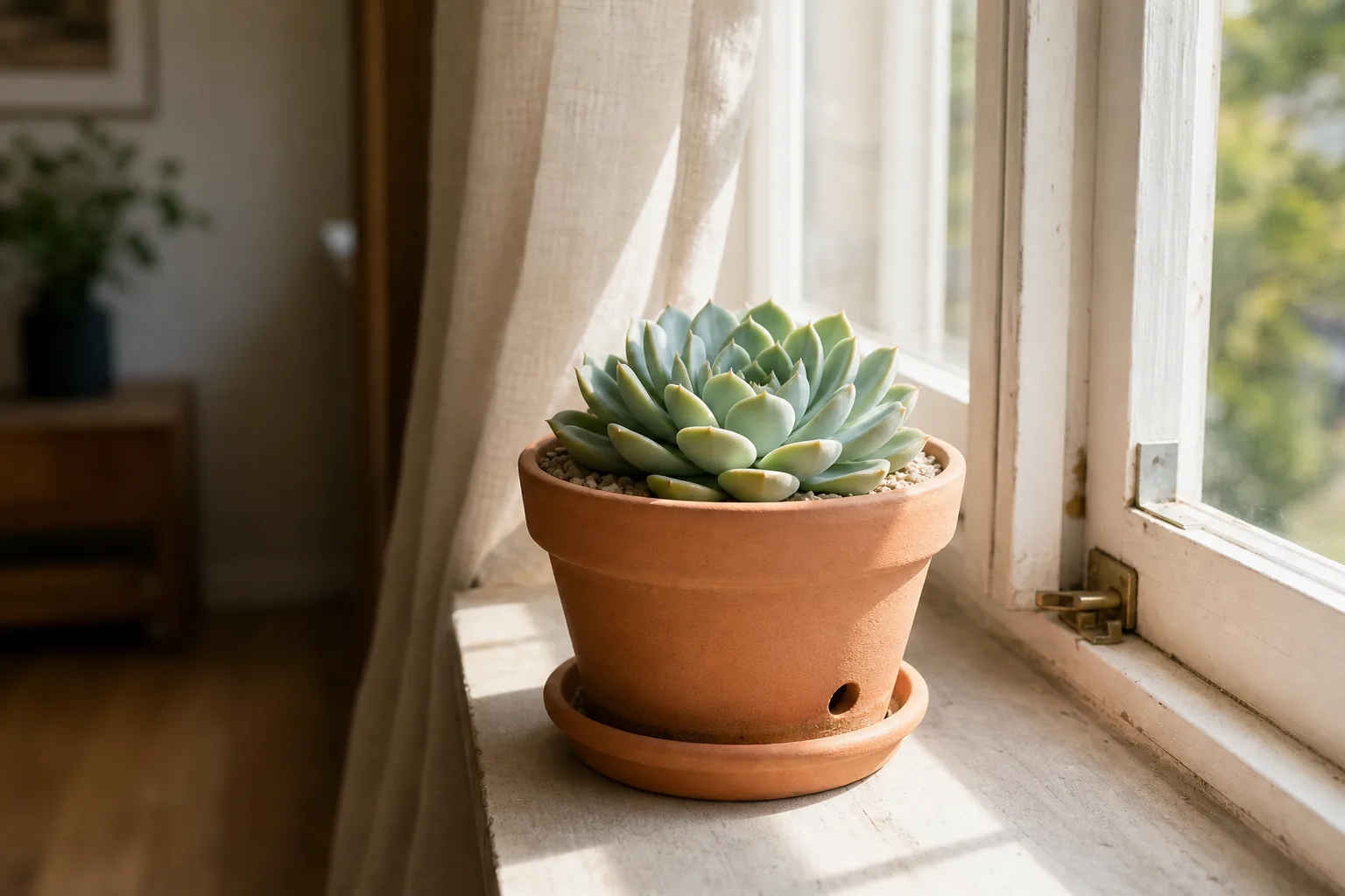 A compact indoor echeveria rosette in an unglazed terracotta pot on a sunny windowsill.