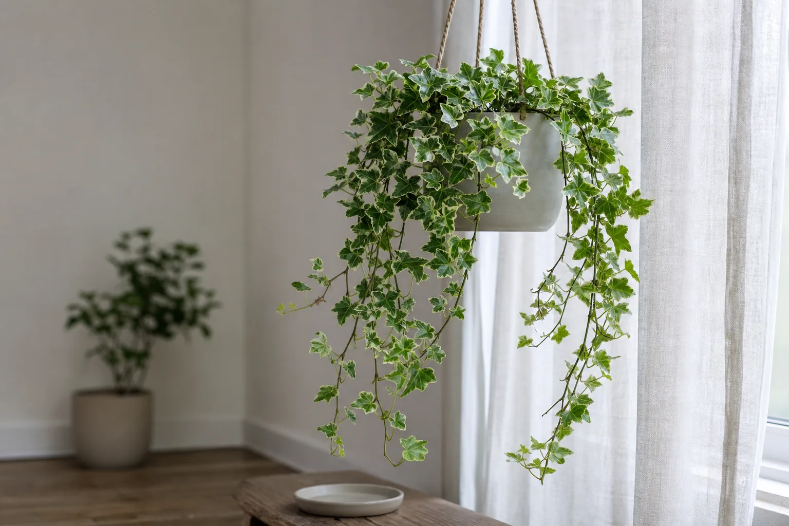 English ivy (Hedera helix) trailing from a hanging pot near a bright window in a cool room