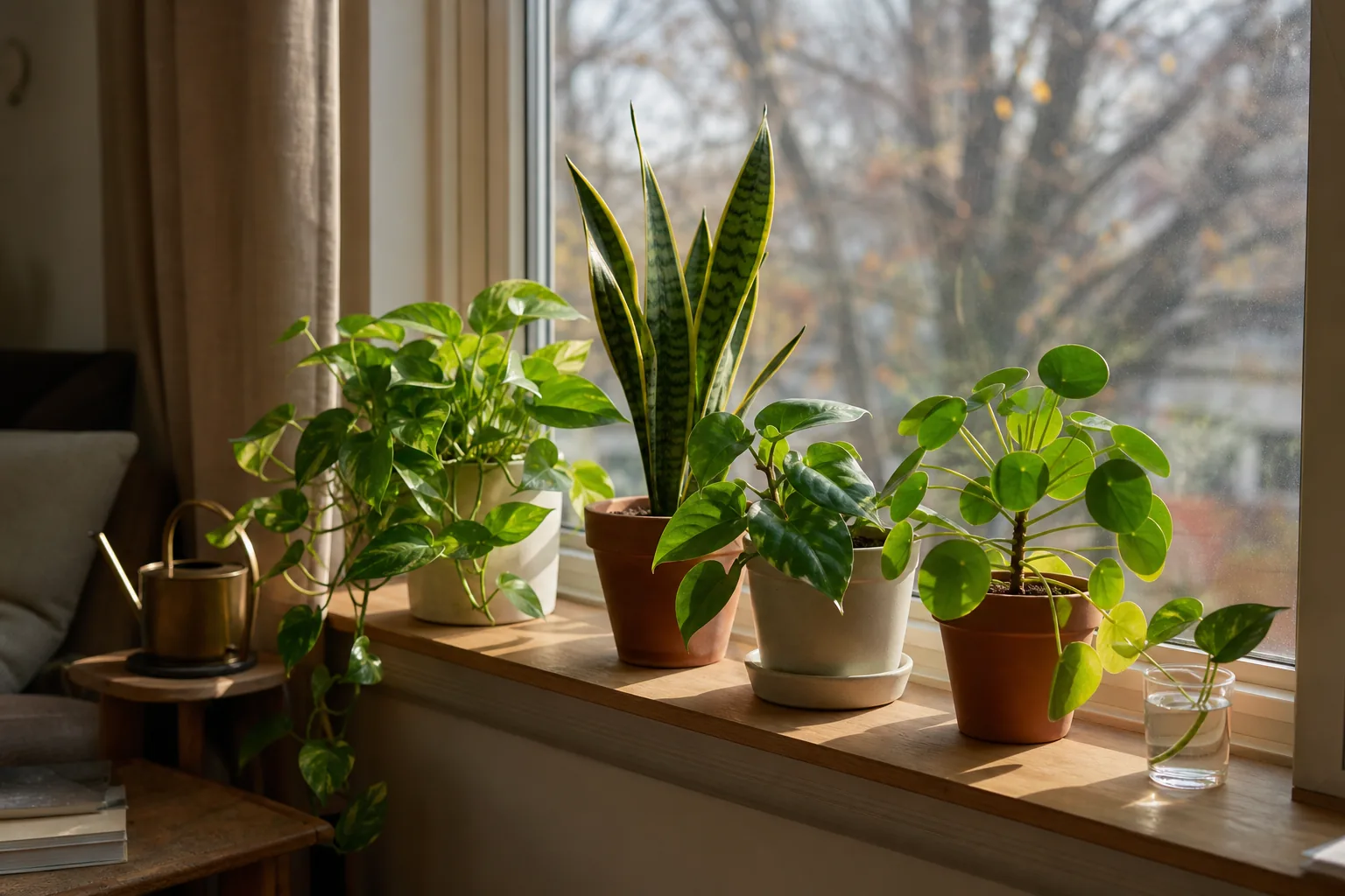 A small group of indoor houseplants on a windowsill in soft autumn light, with longer shadows than they cast in summer