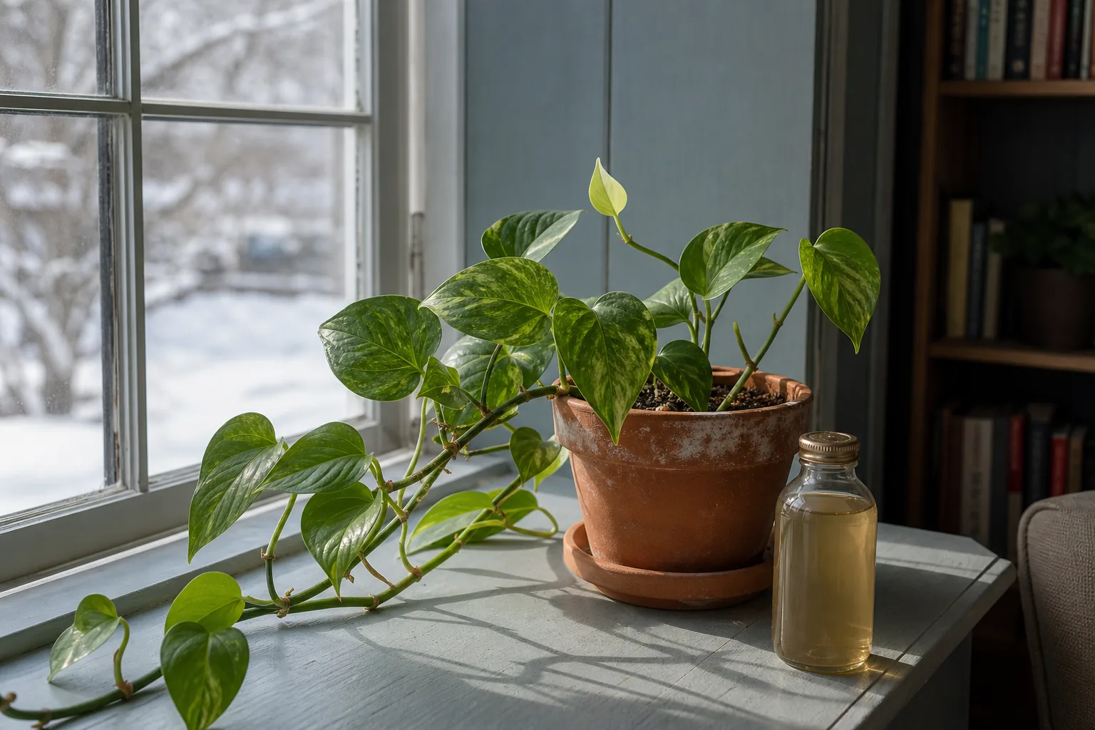 A houseplant in a bright winter window with pale-green new growth at the stem tip, illustrating a plant that is still actively building under short-day light.