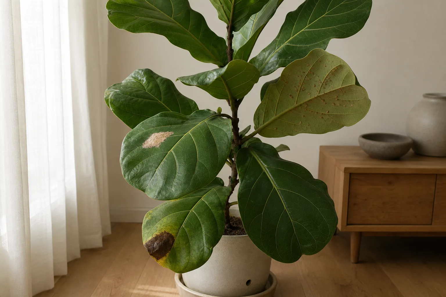 Fiddle leaf fig leaves showing several brown spot patterns side by side, including lower-leaf dark spots, a pale papery patch on the upper leaf surface, and small raised specks on a leaf underside