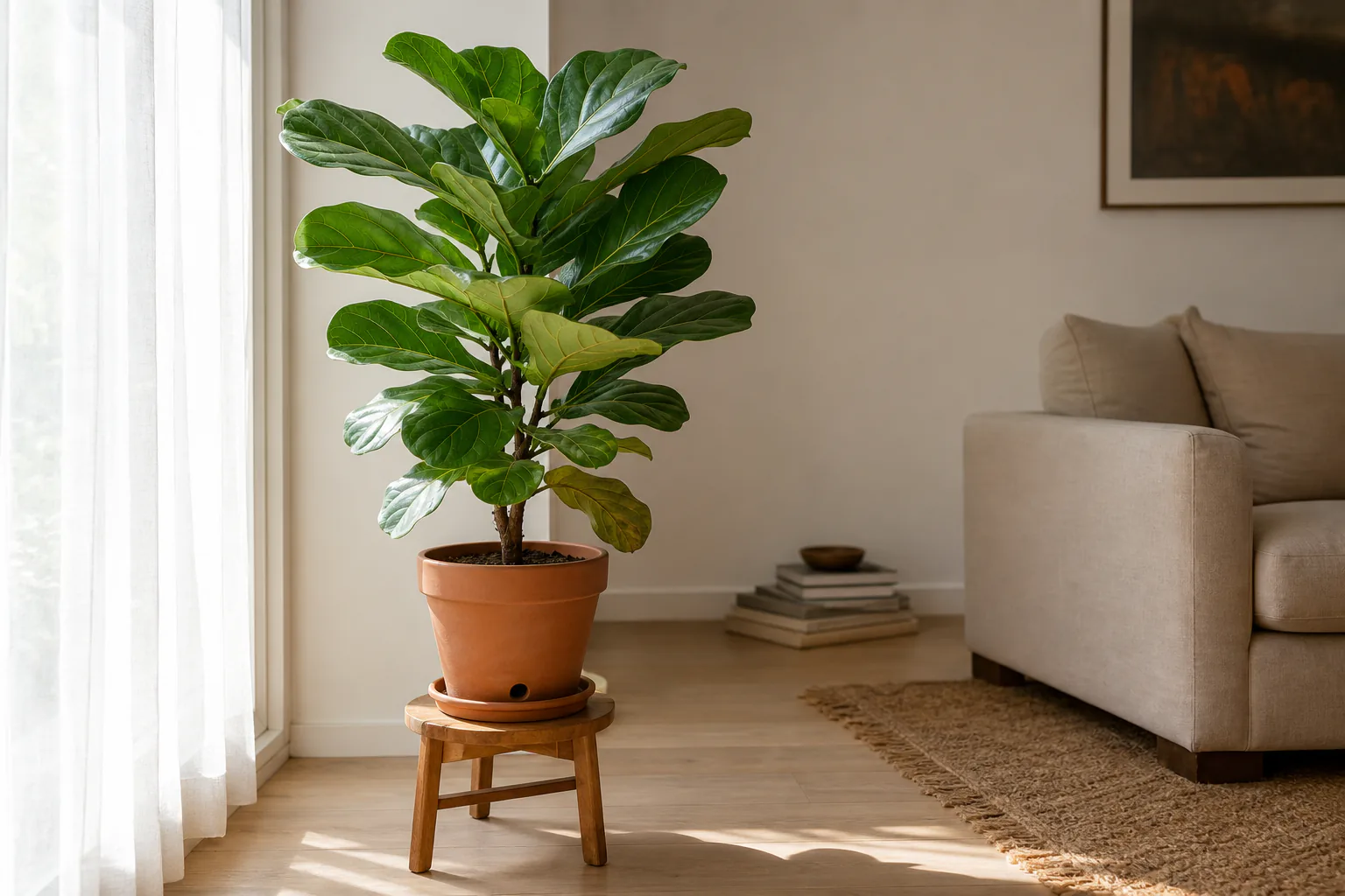 A fiddle leaf fig in a bright interior corner near a window, with even leaf orientation and no direct sun on the foliage.