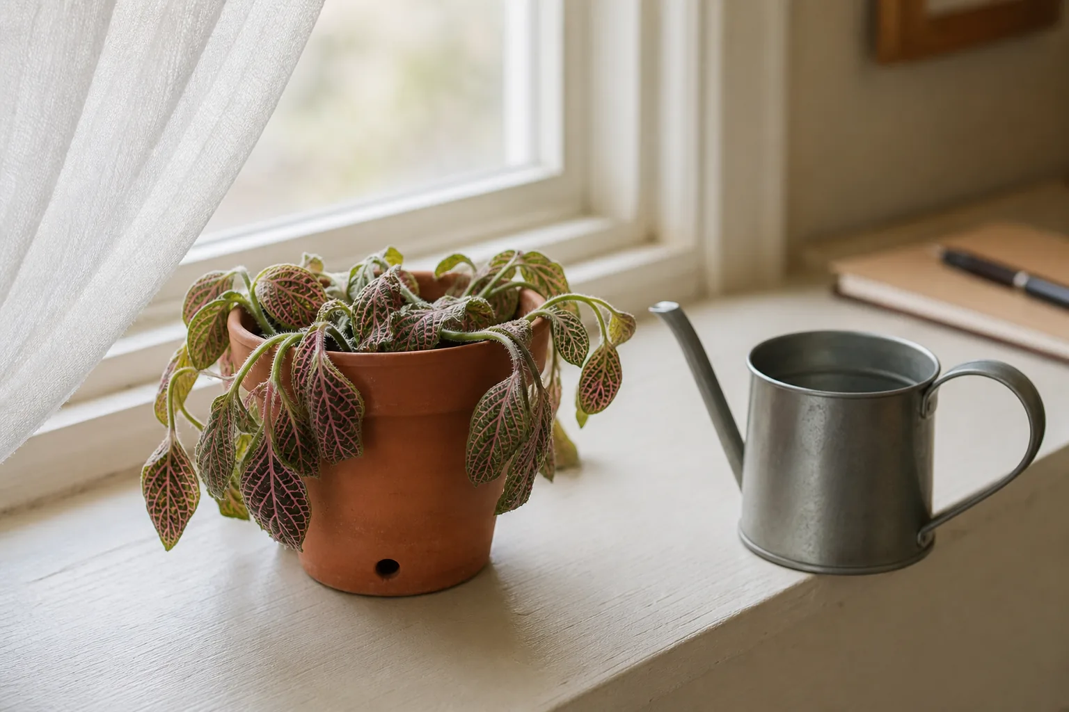 A small Fittonia with pink-veined leaves on a bright windowsill, slightly limp from dry mix, next to a watering can.