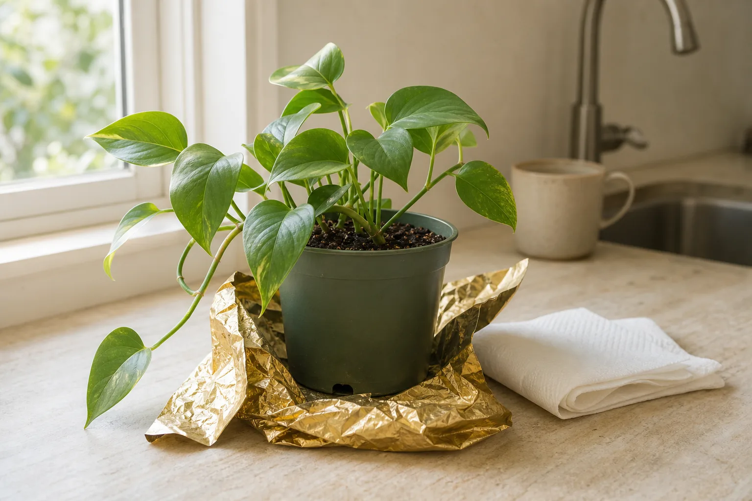 A gift plant with foil wrap partially removed, sitting on a kitchen counter beside its original nursery pot.