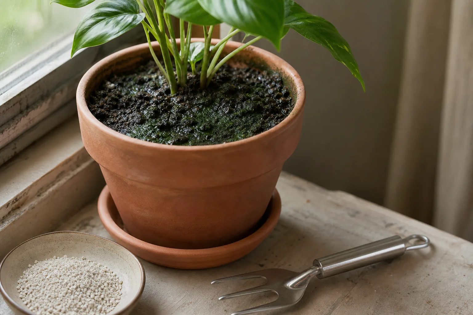 Photo for guide: Green algae on houseplant soil: identification, cleanup, and prevention