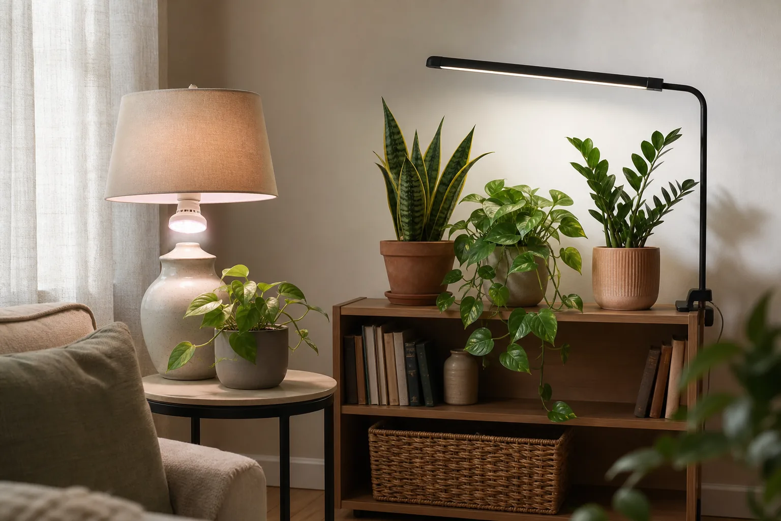 A screw-in grow light bulb in a table lamp next to a dedicated grow light fixture lighting a houseplant shelf