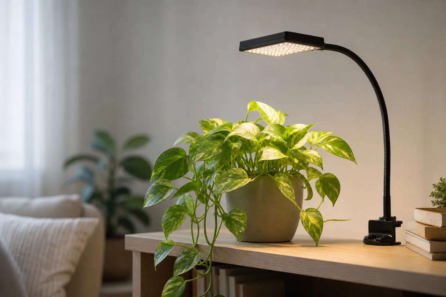 A small full-spectrum LED grow light suspended a short distance above a pothos on a shelf.