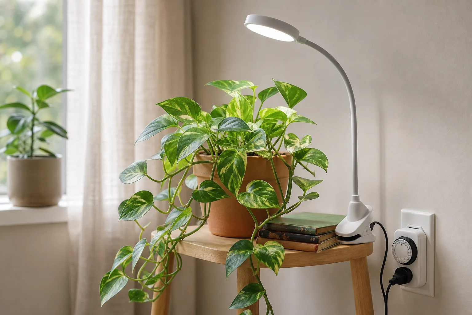 A small potted houseplant under a clip-on grow light, with a sunlit window in the background and a simple outlet timer visible.