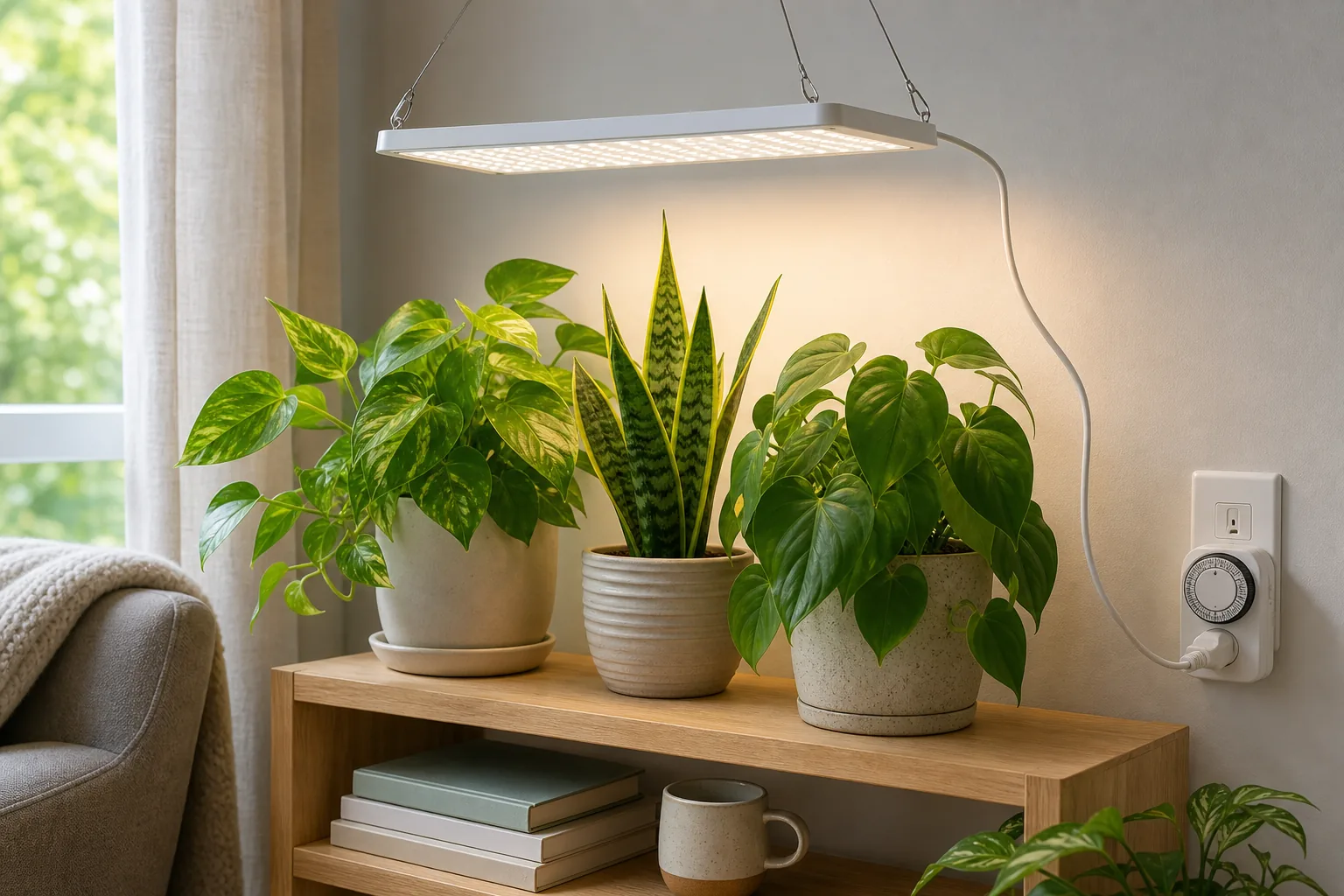 A small white LED grow light panel clamped above a row of foliage houseplants on a shelf, with an inexpensive outlet timer plugged into a nearby wall socket.