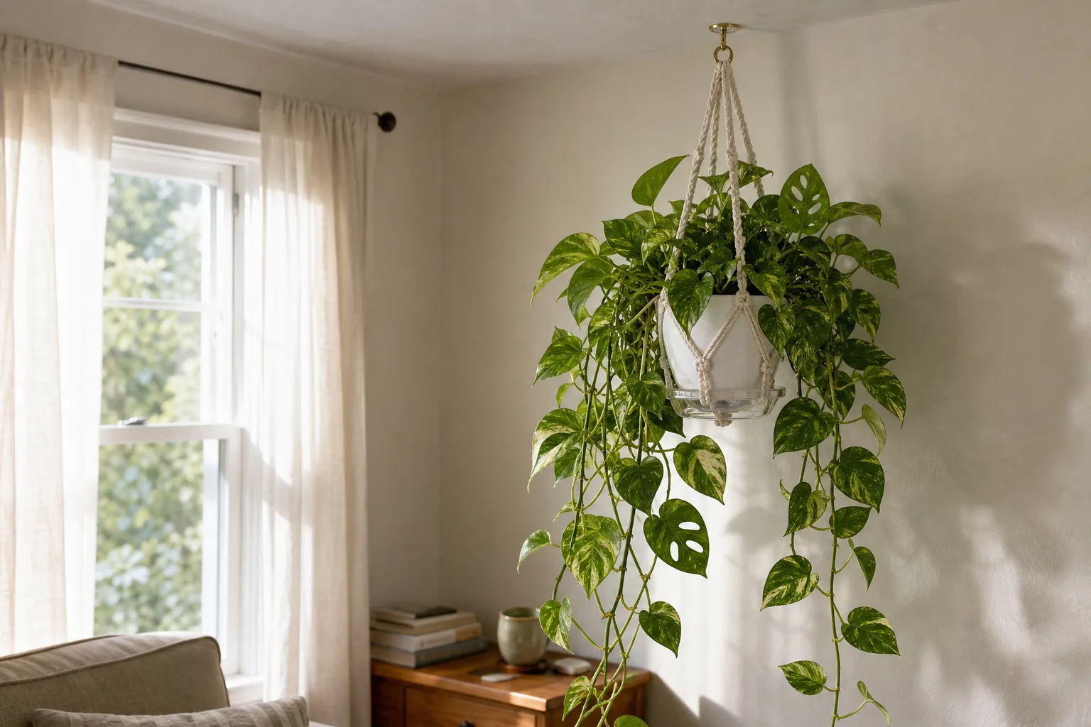 Trailing pothos growing in a hanging pot near a bright window