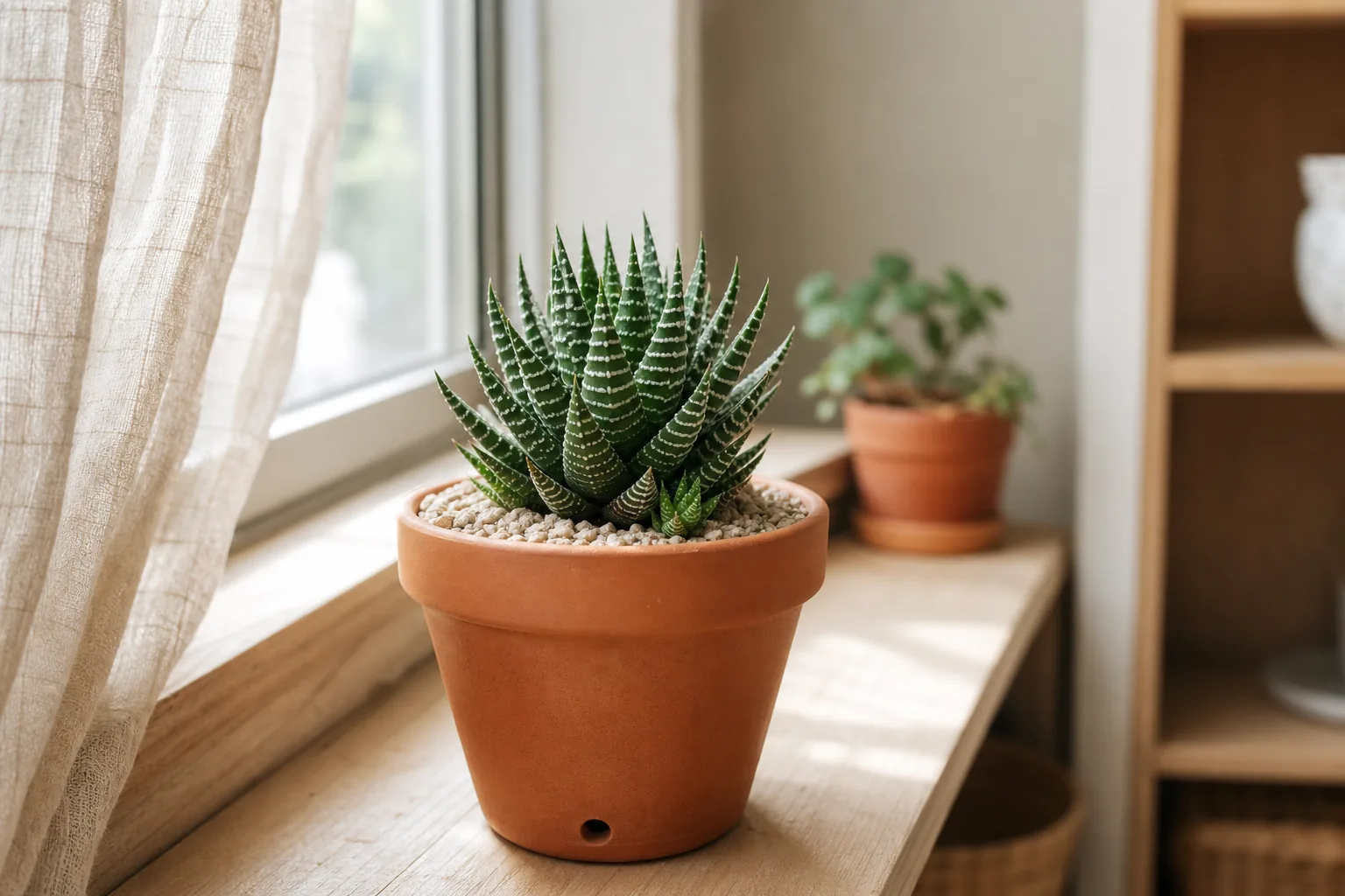 Small Haworthia rosette succulent in a snug terracotta pot on a bright windowsill