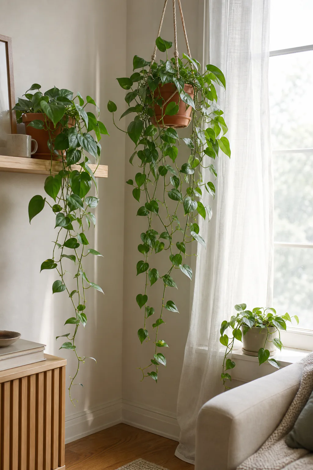 A heartleaf philodendron trailing from a hanging pot near a window, with smaller pots on a shelf and a windowsill in the same room.