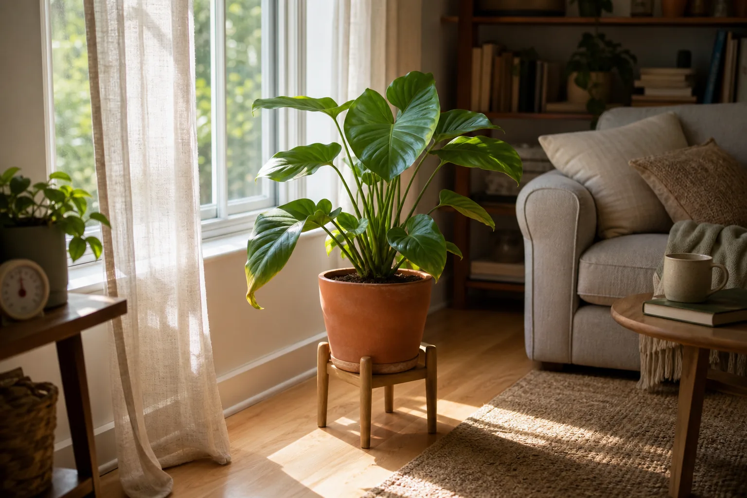 Indoor houseplant near a sun-facing window during a heat wave, with one leaf curling at the edge