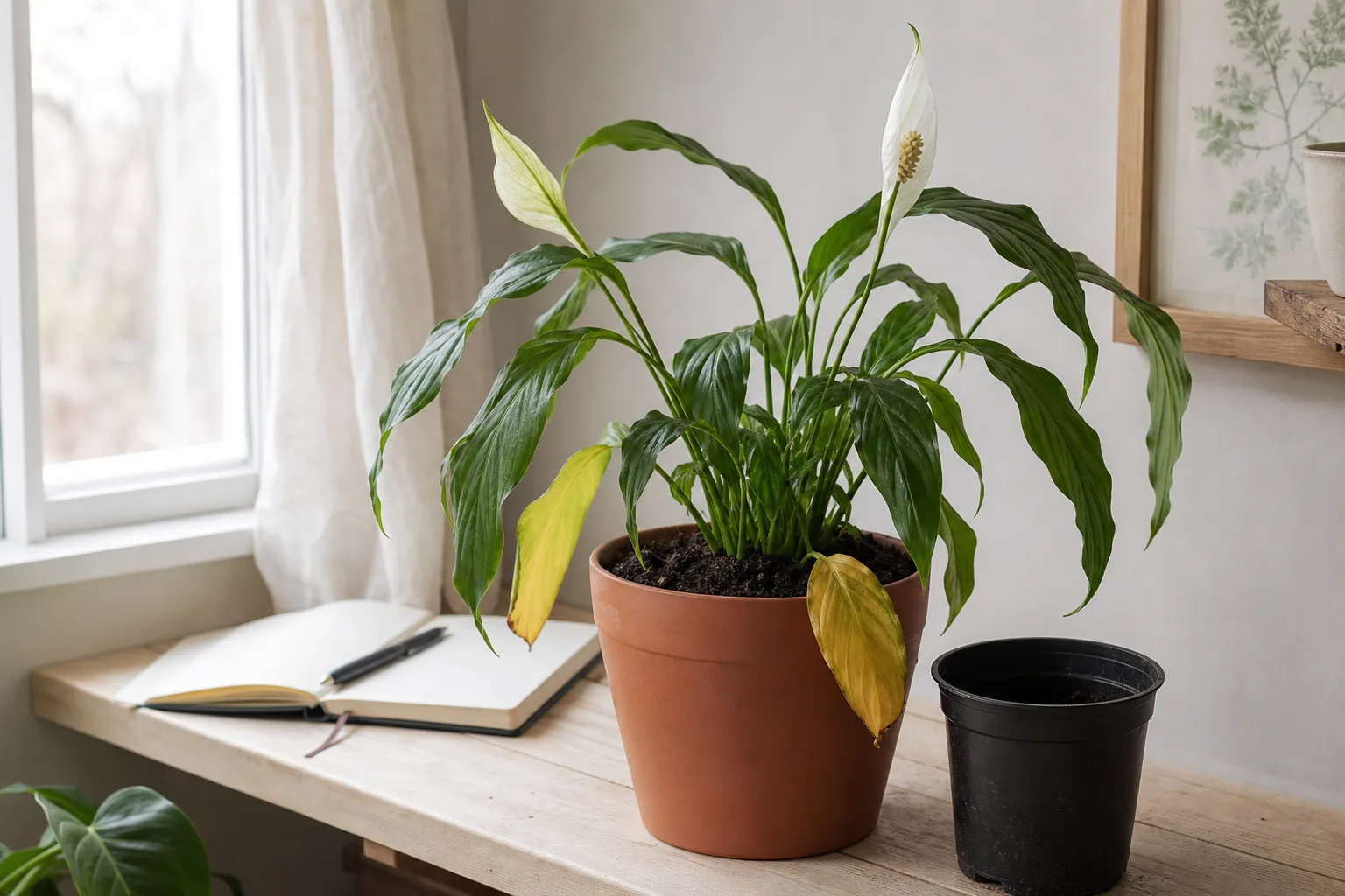 Houseplant with drooping leaves in a new pot during the recovery window after repotting