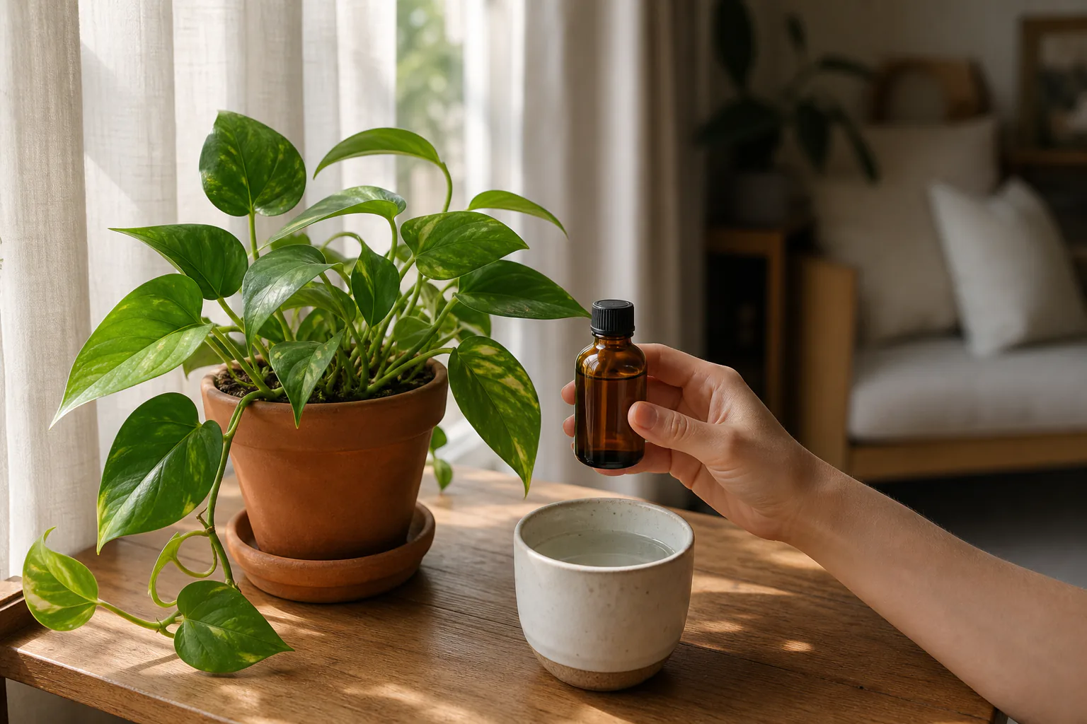 A hand holding a small bottle of liquid houseplant fertilizer next to a healthy indoor plant on a windowsill.