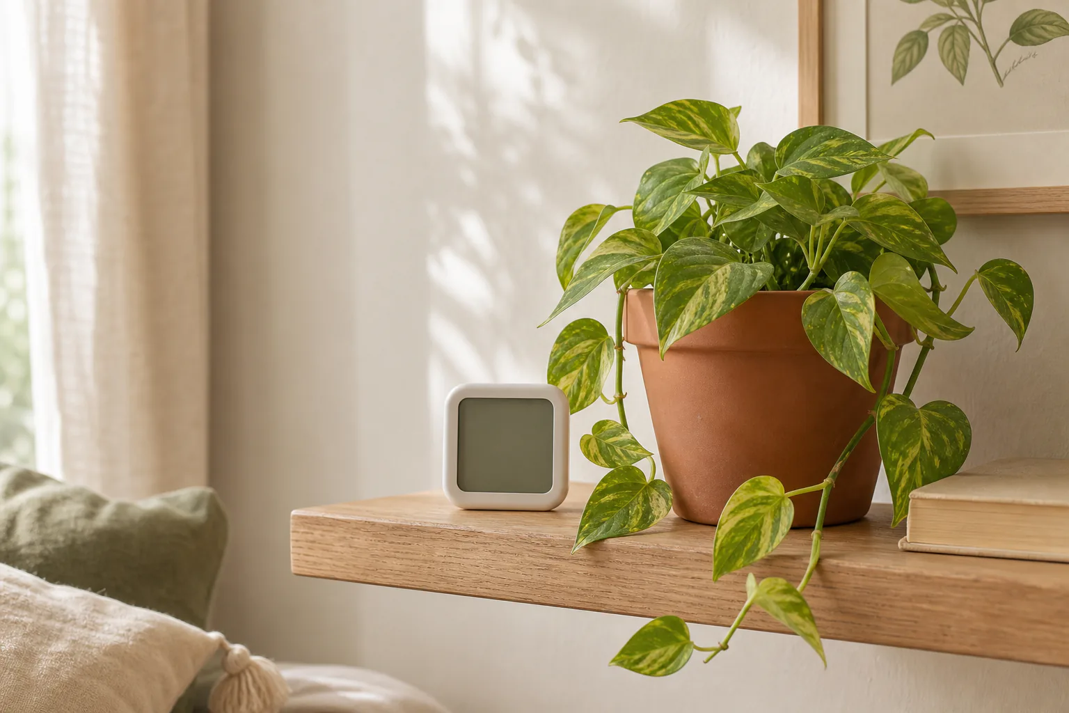 A small digital hygrometer sits on a shelf at plant level beside a pothos, illustrating how to check indoor humidity before changing a plant's care.