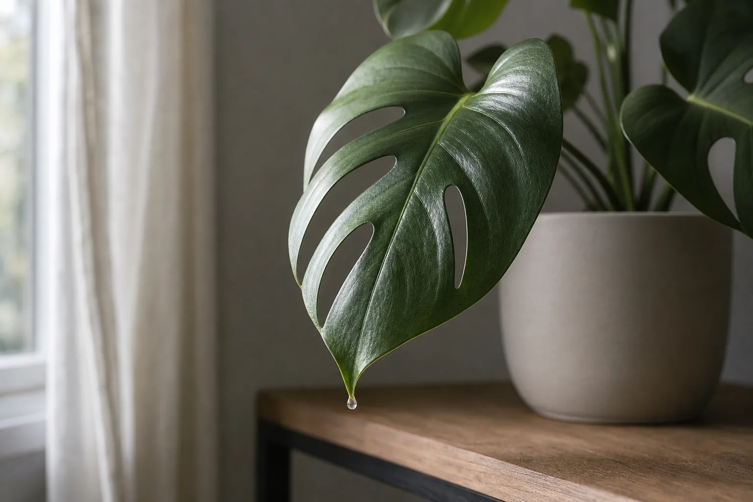Clear water droplets forming at the pointed leaf tip of a broad-leaved houseplant in soft morning light, illustrating guttation.