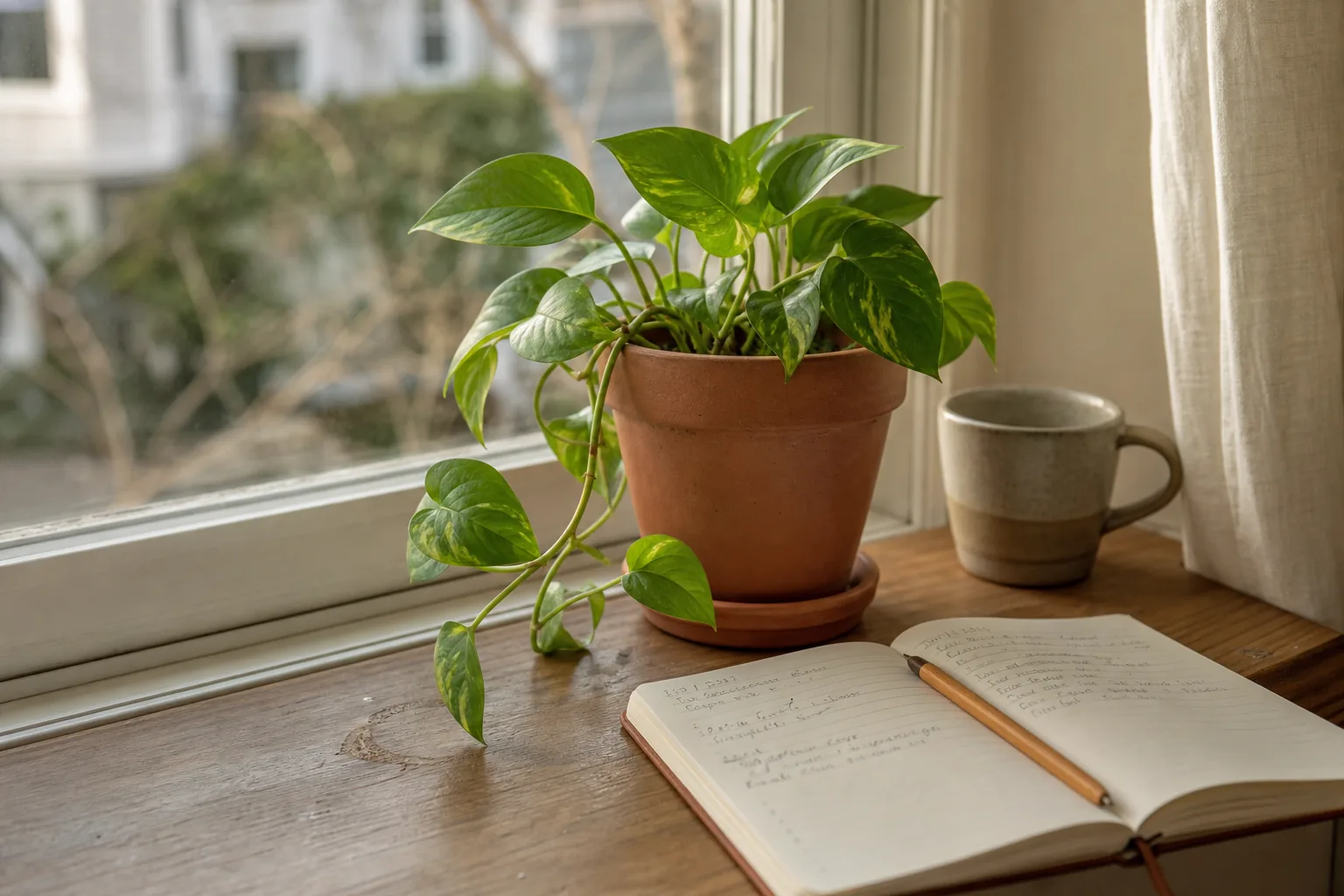 A small pothos on a windowsill, paired with a notebook where a reader has logged light and watering to track slow indoor growth.
