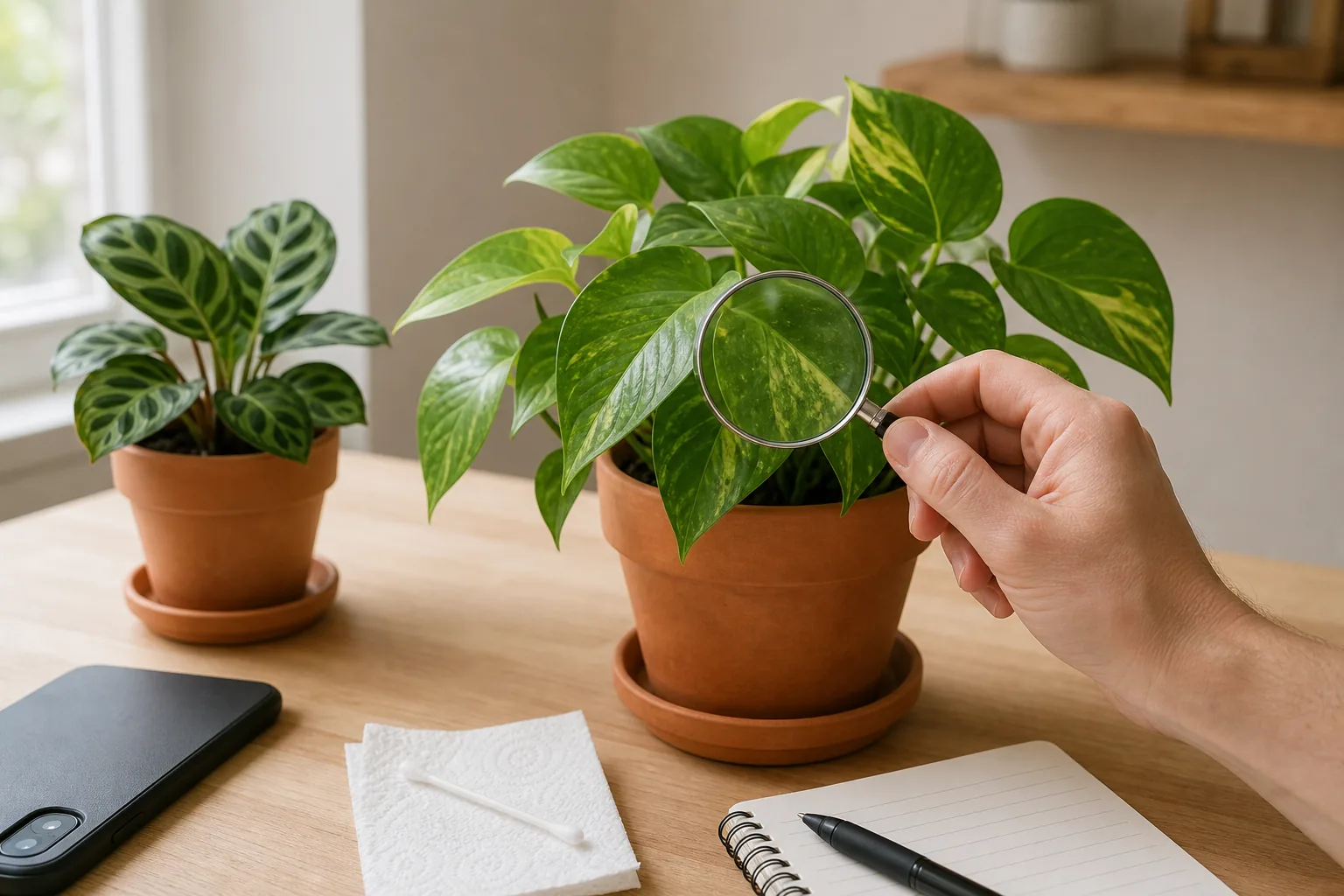 A hand-held magnifying glass examining the underside of a new houseplant leaf for early signs of pests