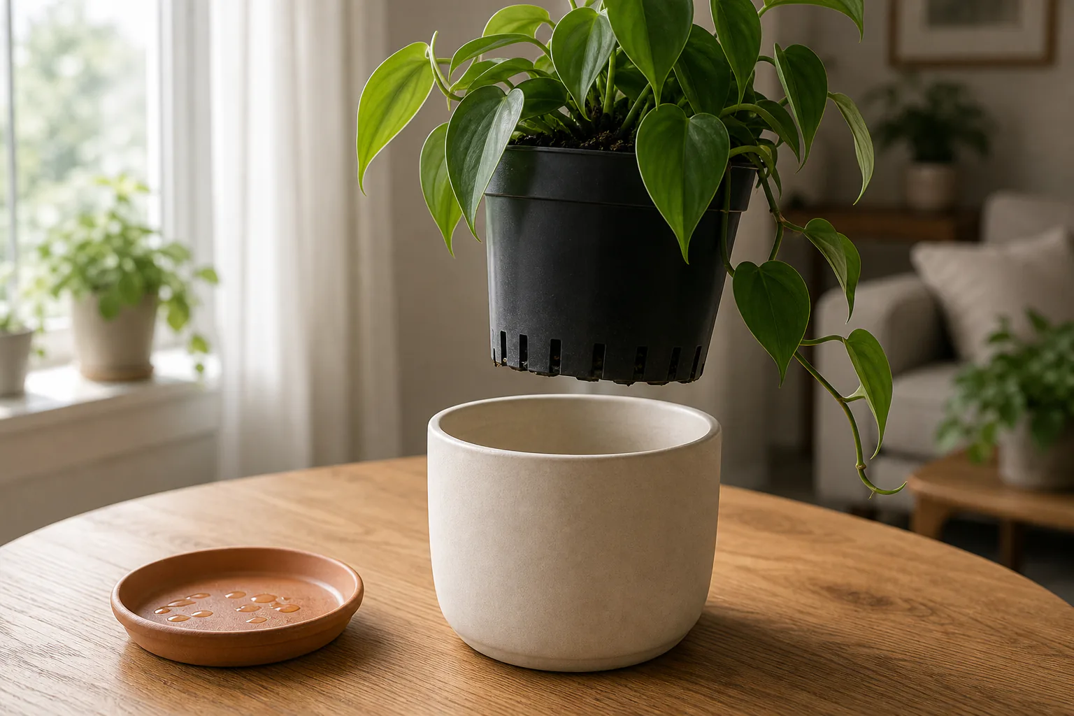 A small houseplant in a plastic nursery pot nested inside a decorative ceramic cachepot on a wooden surface