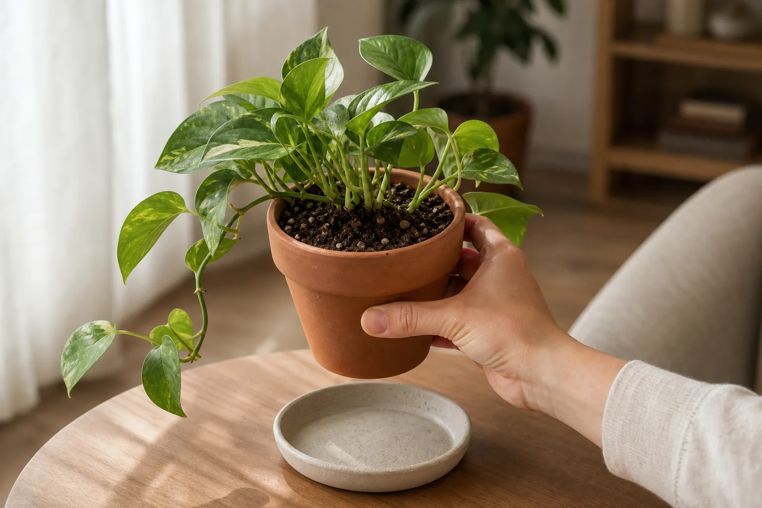 A hand lifting a small potted houseplant to judge its weight after watering as part of a soil-moisture check.