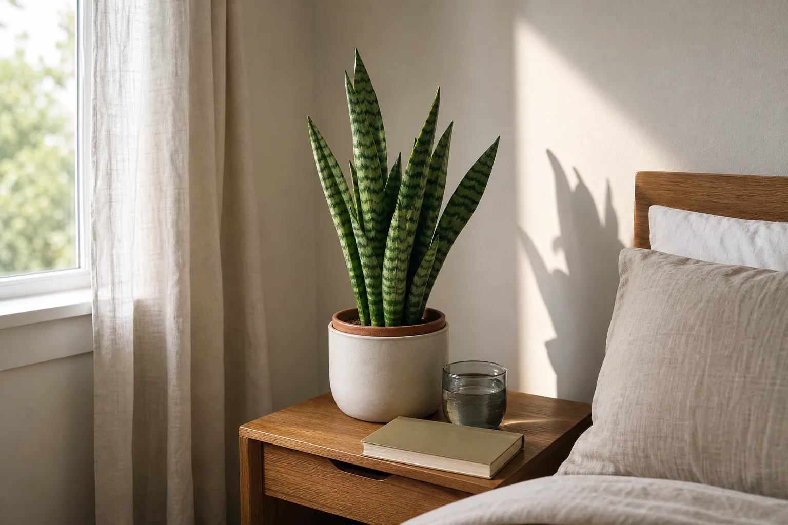 A small potted plant on a bedroom nightstand with soft window light