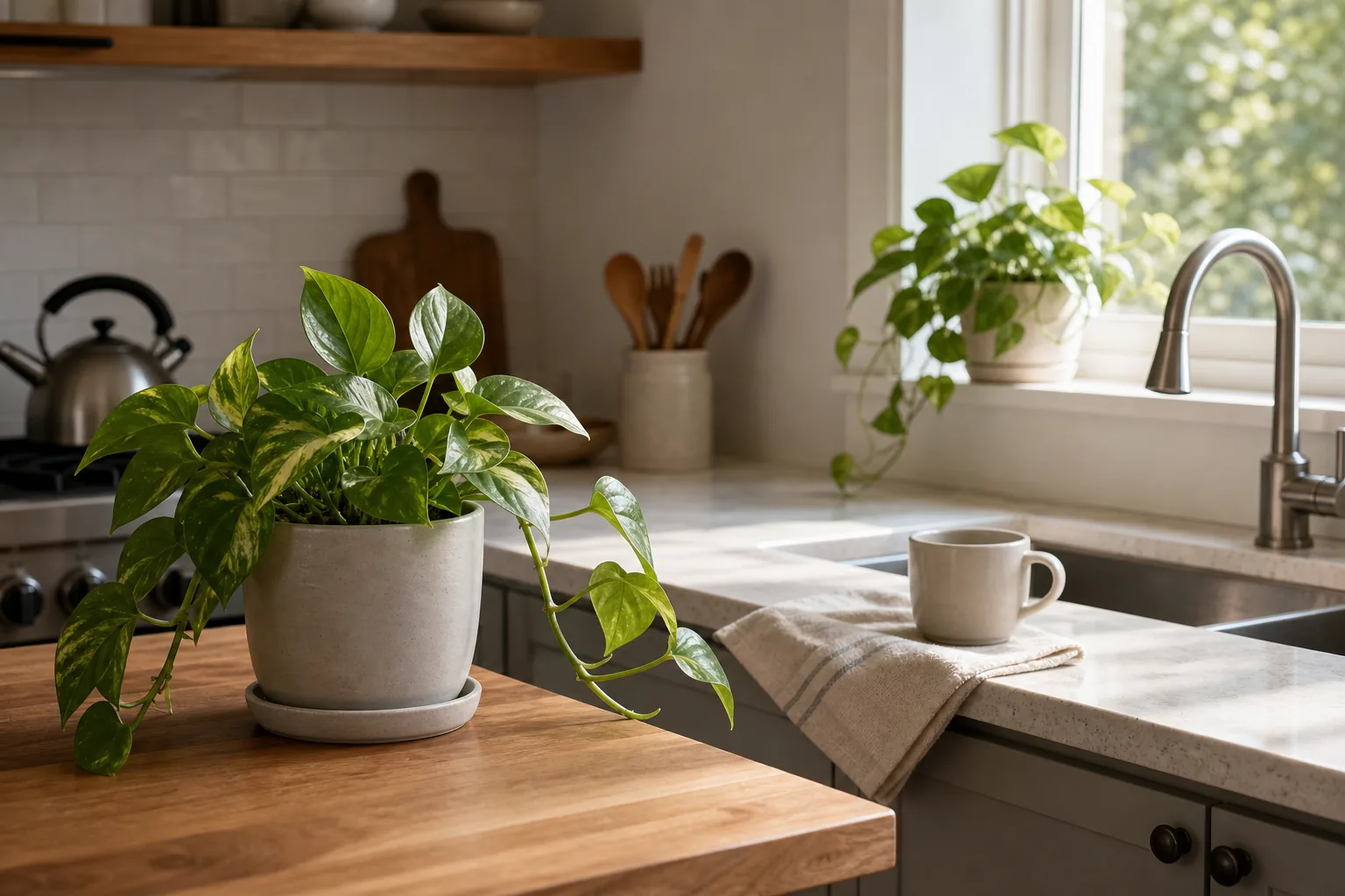 A pothos on a kitchen counter across the room from a sunny window above the sink