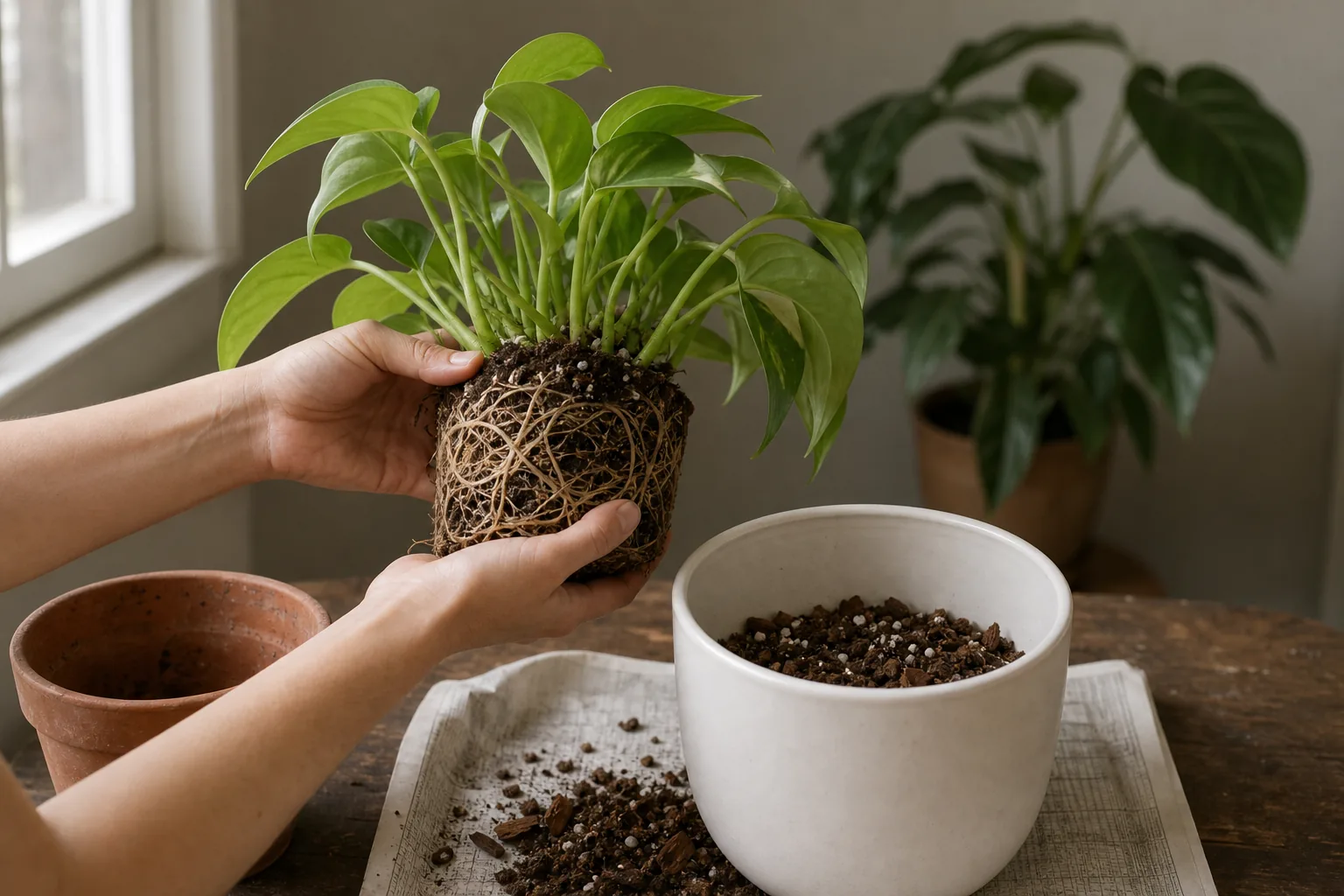 Hands gently easing a houseplant out of its pot to inspect the root ball before settling it into fresh mix.