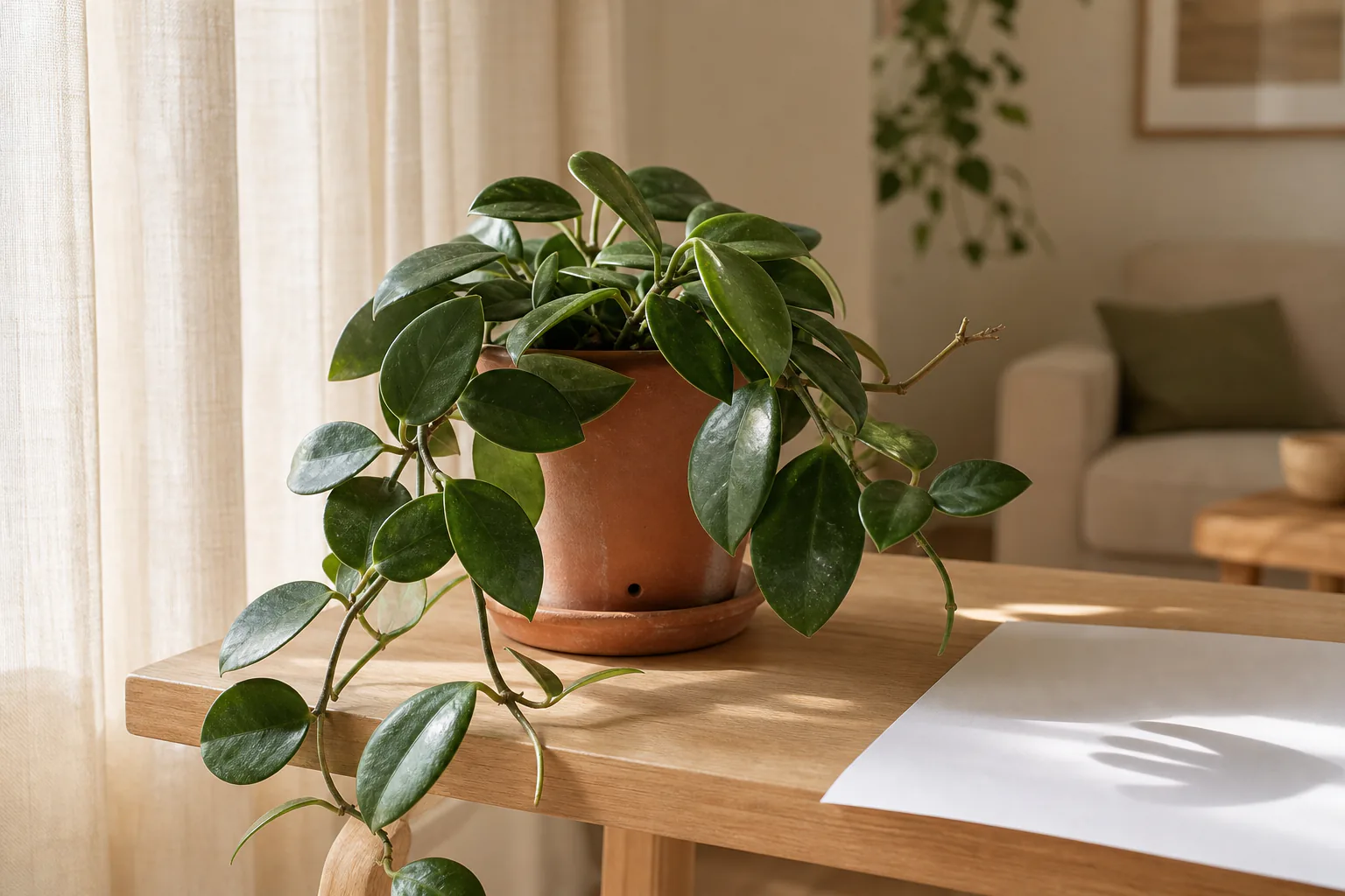 Hoya houseplant with thick waxy leaves in a small terracotta pot near a bright window
