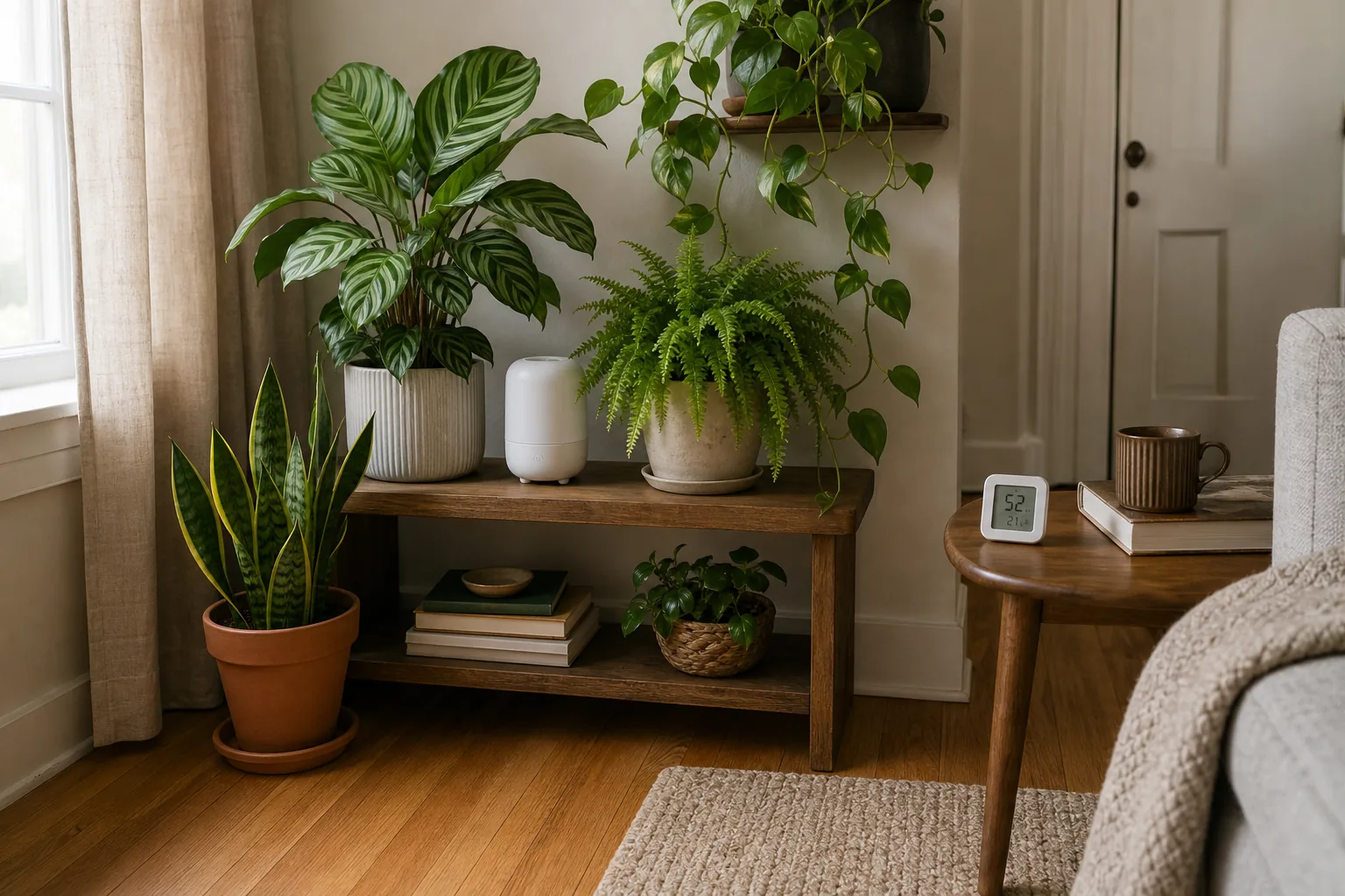 Small tabletop humidifier on a shelf near a group of potted houseplants in a living room