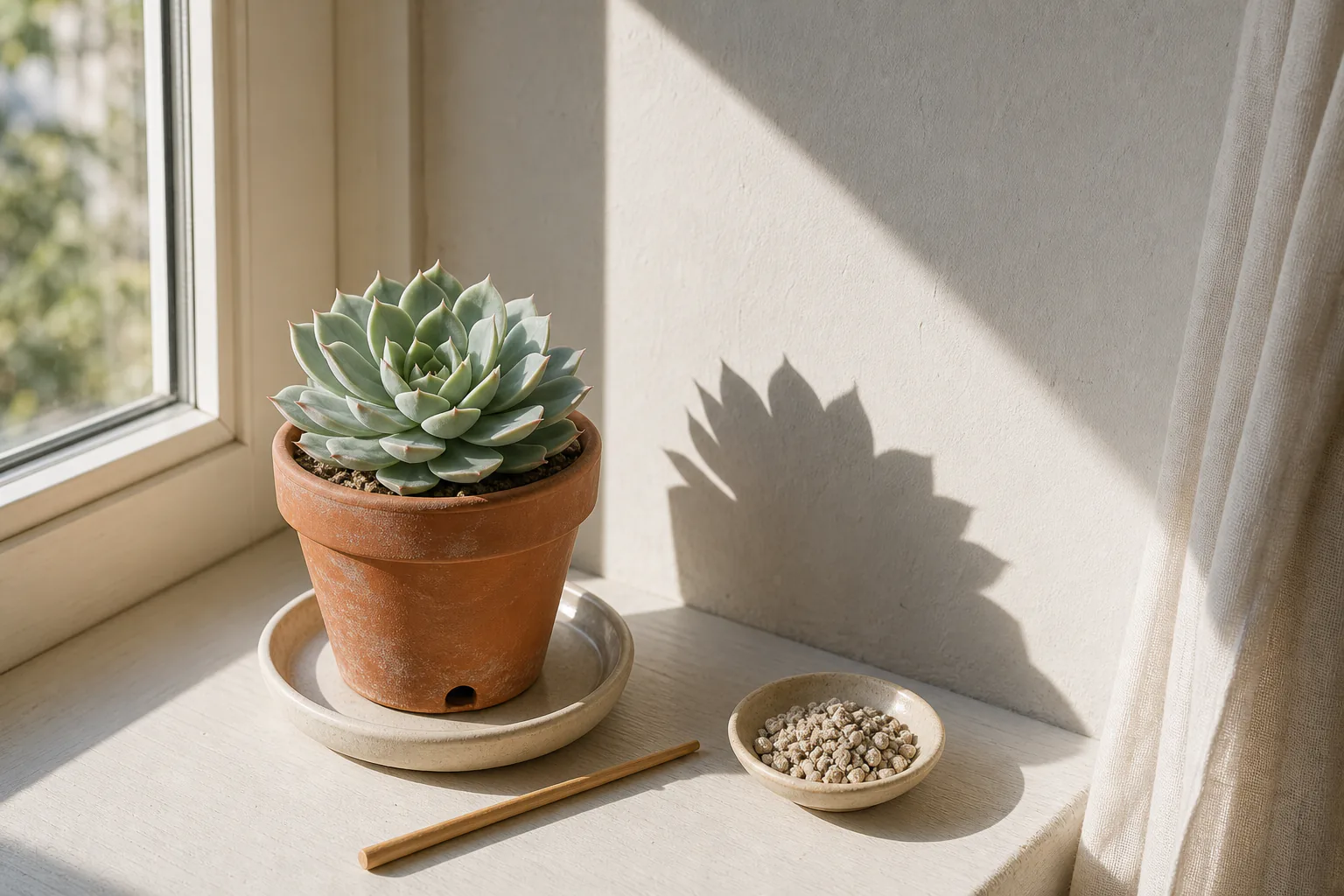 A small rosette succulent on a bright windowsill with a clear shadow cast on the wall