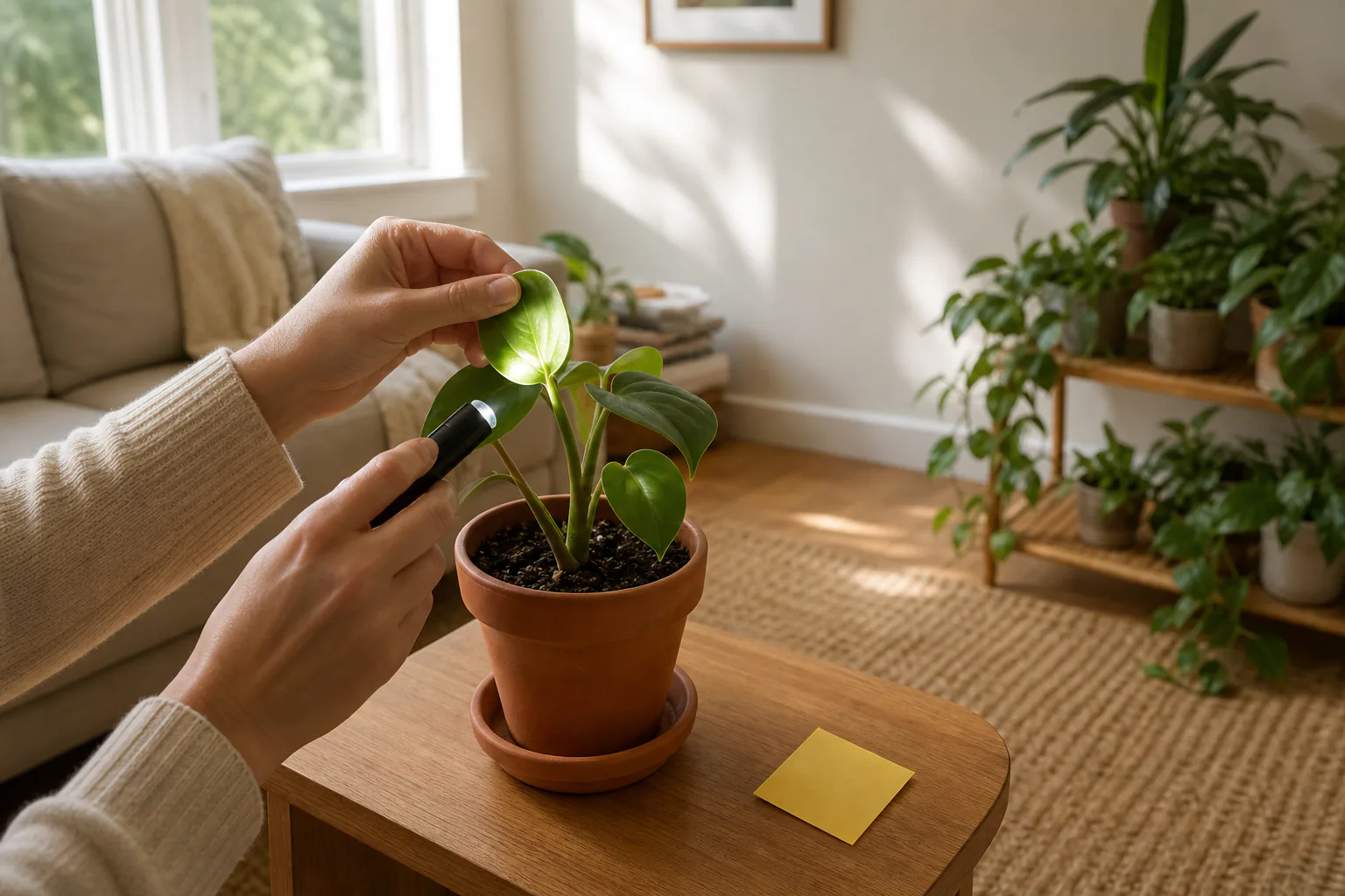 A person holding a small flashlight and inspecting the underside of leaves on a new houseplant by a bright window.